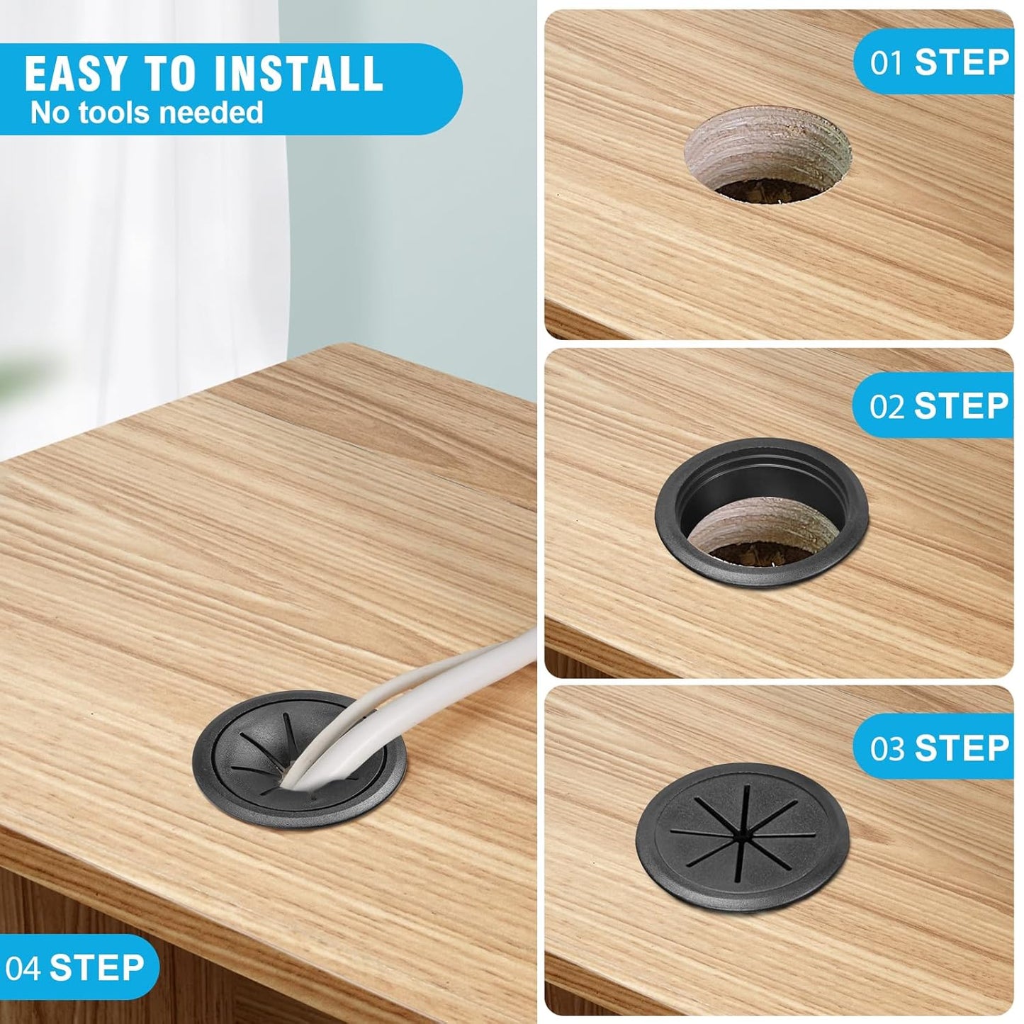 2" Black Desk Grommet, JTemgle Flexible Cable Grommet Plastic Cable Hole Cover Wire Organizer Caps Desktop Cord Management for Home Office TV Stands Tabletops, 5 Pieces