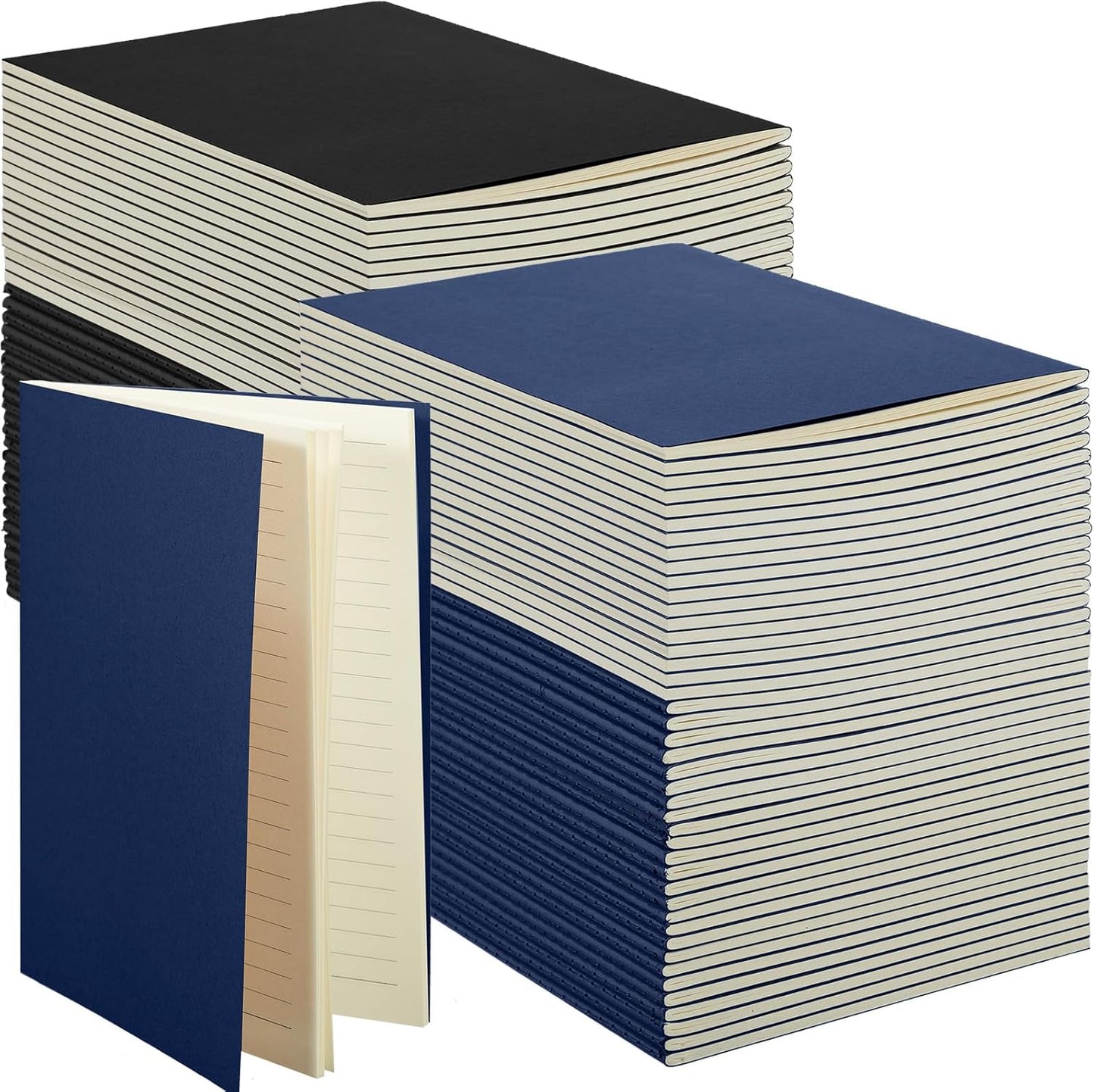 Mimorou 100 Pcs Kraft Notebook Journals 5.5 Inch x 8.3 Inch A5 Softcover Notebooks Bulk for Writing Sketch Office Notepad with 60 Pages 30 Sheets(Black, Navy,Lined)