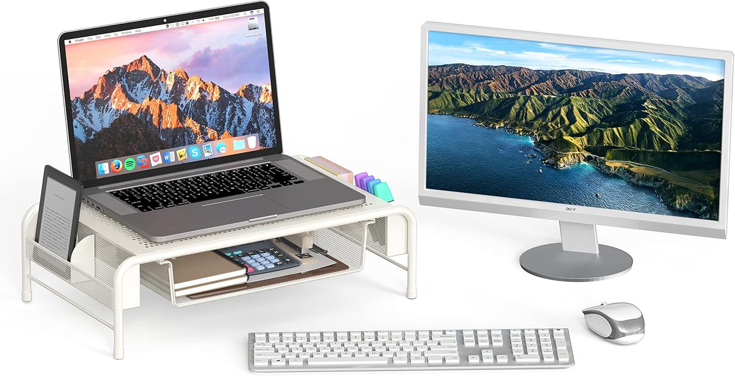 Simple Houseware Metal Desk Monitor Stand Riser with Organizer Drawer, White