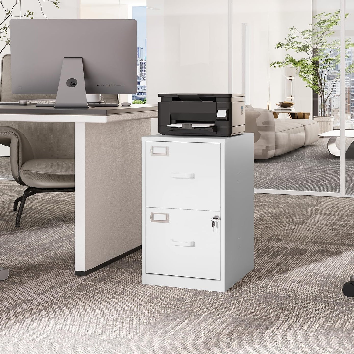 2 Drawers File Cabinet White Metal Vertical Filing Cabinets Metal Lockable Storage Cabinets with Lock for Home Office to Hanging Files