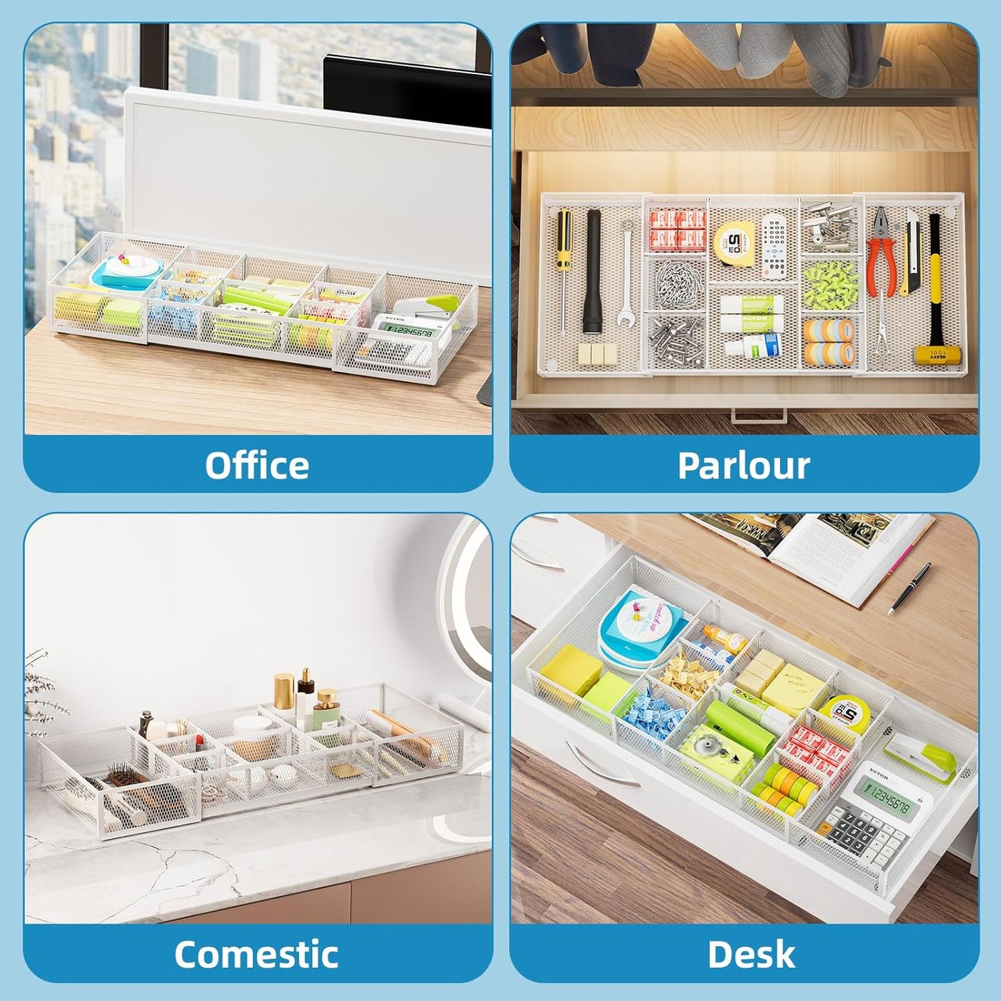 Marbrasse Expandable Desk Drawer Organizer, Mesh Drawer Organizer Tray with 10 Adjustable Compartments, Desk Organizers and Accessories for Office Supplies (Longer Expandable Drawer Organizer-W)