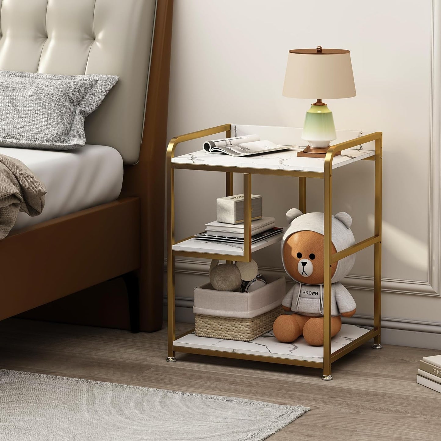 Large Printer Table Stand with Shelf for Computer Tower, CPU and Shredder, 22 x 18 Inch Rolling Printer Cart with Wheels for Home Office Storage and Organization - White Gold