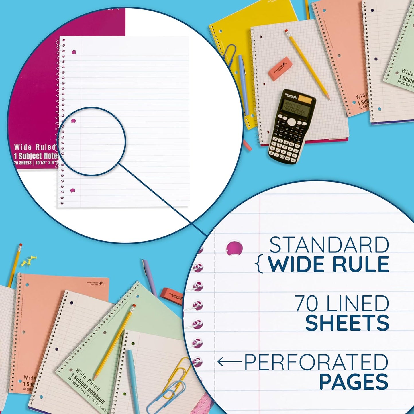 Blue Summit Wide Ruled Spiral Notebook, 1 Subject Spiral Notebook Wide Ruled, Paper School Notebooks Bulk, 12 Pack