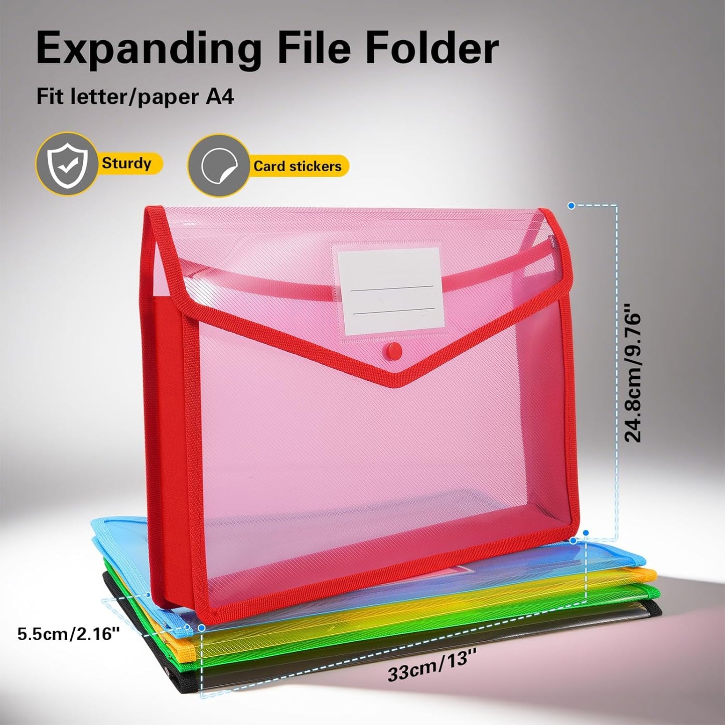 Go&Fan 5 Packs Expanding File Folder,no dividers,File Wallet Document Folder,Plastic envelopes with snap Closure,Paper Organizer Folder with Lable Pocket (Colorful) Fit Letter/A4 Size