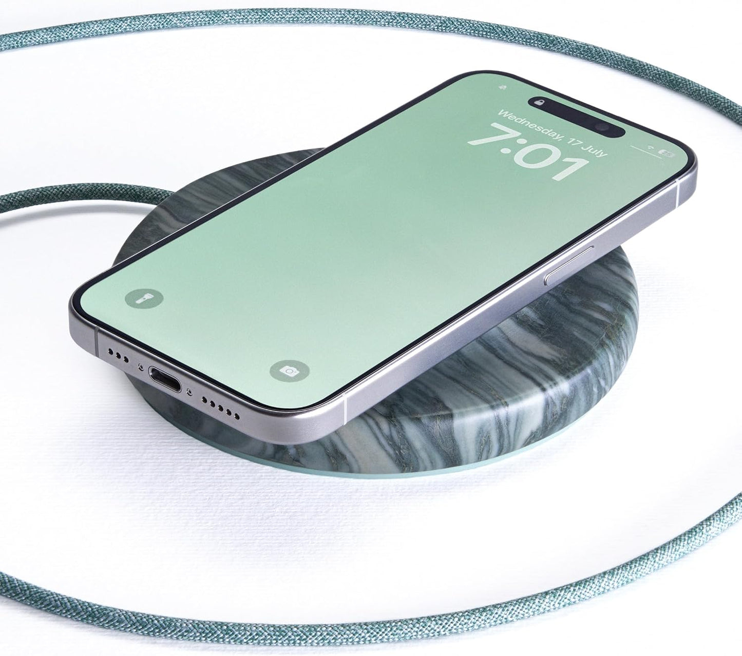 Einova Classic Stone – Marble Wireless Charging Pad Designed in Italy, Integrated 6 ft USB-C Cable, Smartphones, Wireless Earbuds, Smartwatches – Pine Verde Alpi Marble