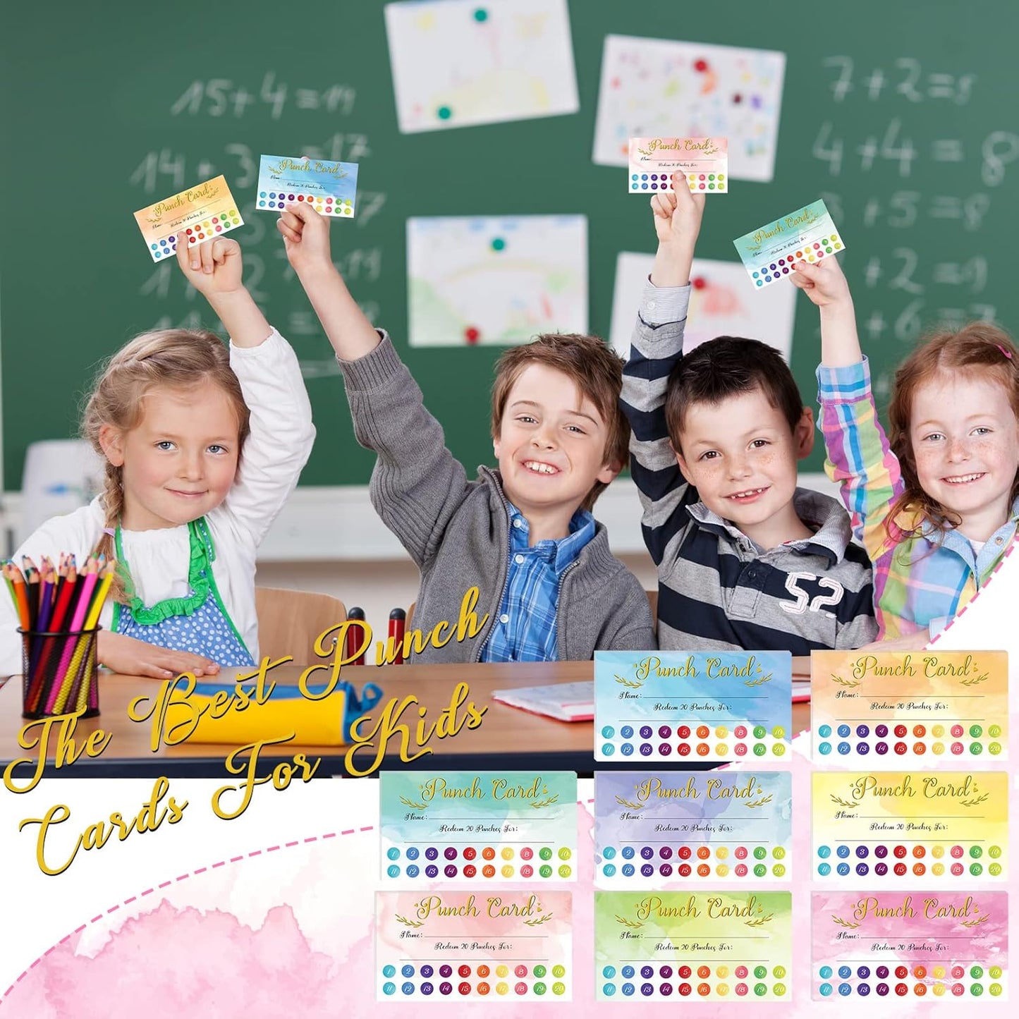 Fumete 400 Pcs Punch Cards for Classroom Reward Cards Behavior Incentive Loyalty Awards for Kids Students Teachers School Business, 8 Styles, 3.5 x 2 in(20 Watercolor Punches Style)