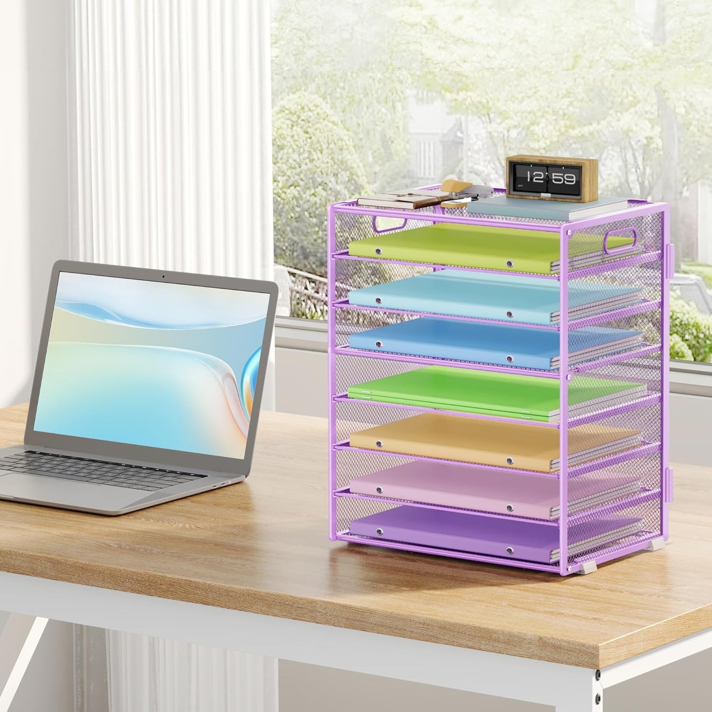 8 Tier Paper Organizer with Handle, Metal Mesh Desk File Organizer, Large Capacity Desk Organizers Paper Letter Tray Desktop Document Sorter for Office, Home or School - Purple