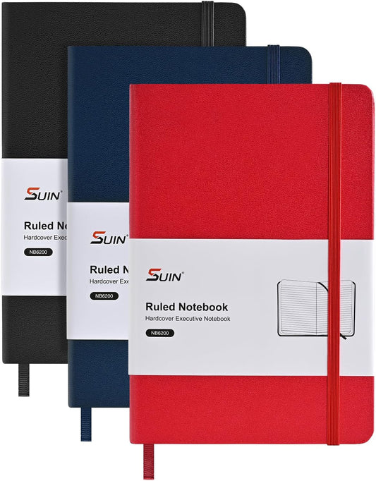 SUIN A5 Hardcover Notebook, 5.5" x 8.3", 100gsm, 160 Pages, Journal for Writing, Notebooks for work - No-Bleed Paper, Inner Pocket, Elastic Closure & Ribbon Bookmark, (Black/Blue/Red-3Pack)