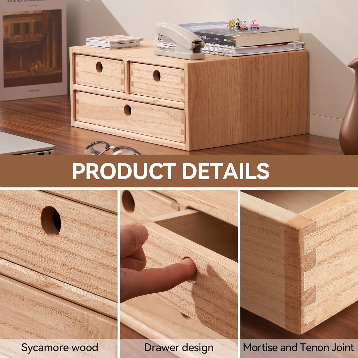 Kirigen Natural Wooden Desktop Organizer - Office Supplies Filing Tidy Storage Shelf - Storage Cabinet/Jewelry Organizer with 3 Drawers (NA, 2-Layer &3 Drawers)