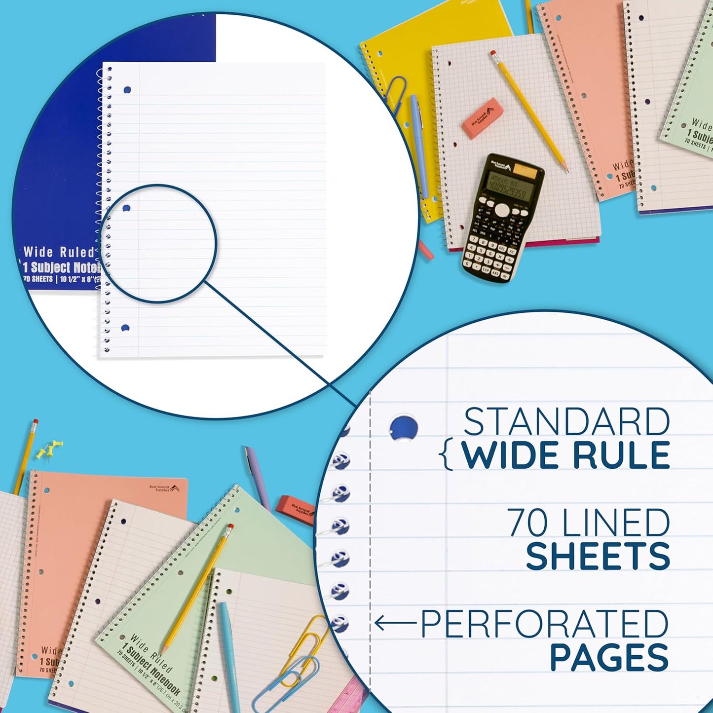 Blue Summit Blue Wide Ruled Spiral Notebooks Bulk, 1 Subject Spiral Notebook Wide Ruled, Paper School Bulk Notebooks, 48 Pack