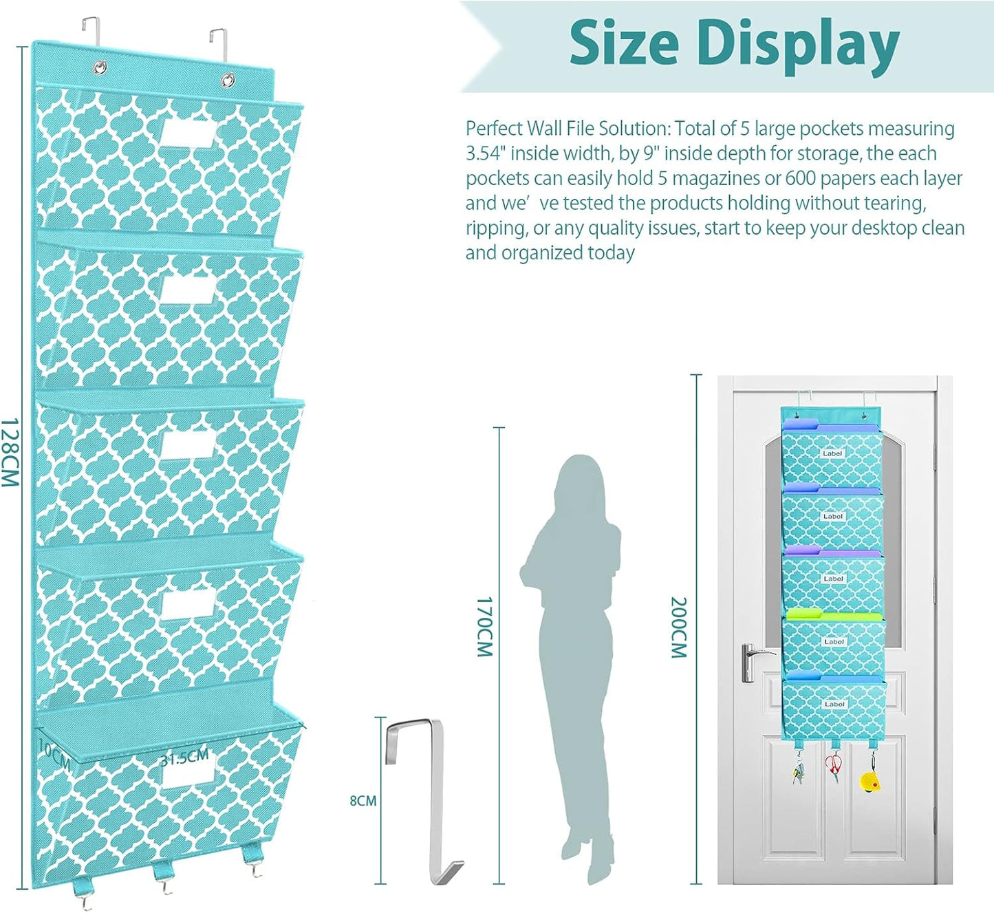 Over the Door File Organizer, Hanging File Folders, Wall Organizers and Storage for Mail, Magazine, Notebooks, Planners, Office, Classroom, 5 Extra Large Pockets, 50.39” Tall (Blue Lantern Pattern)