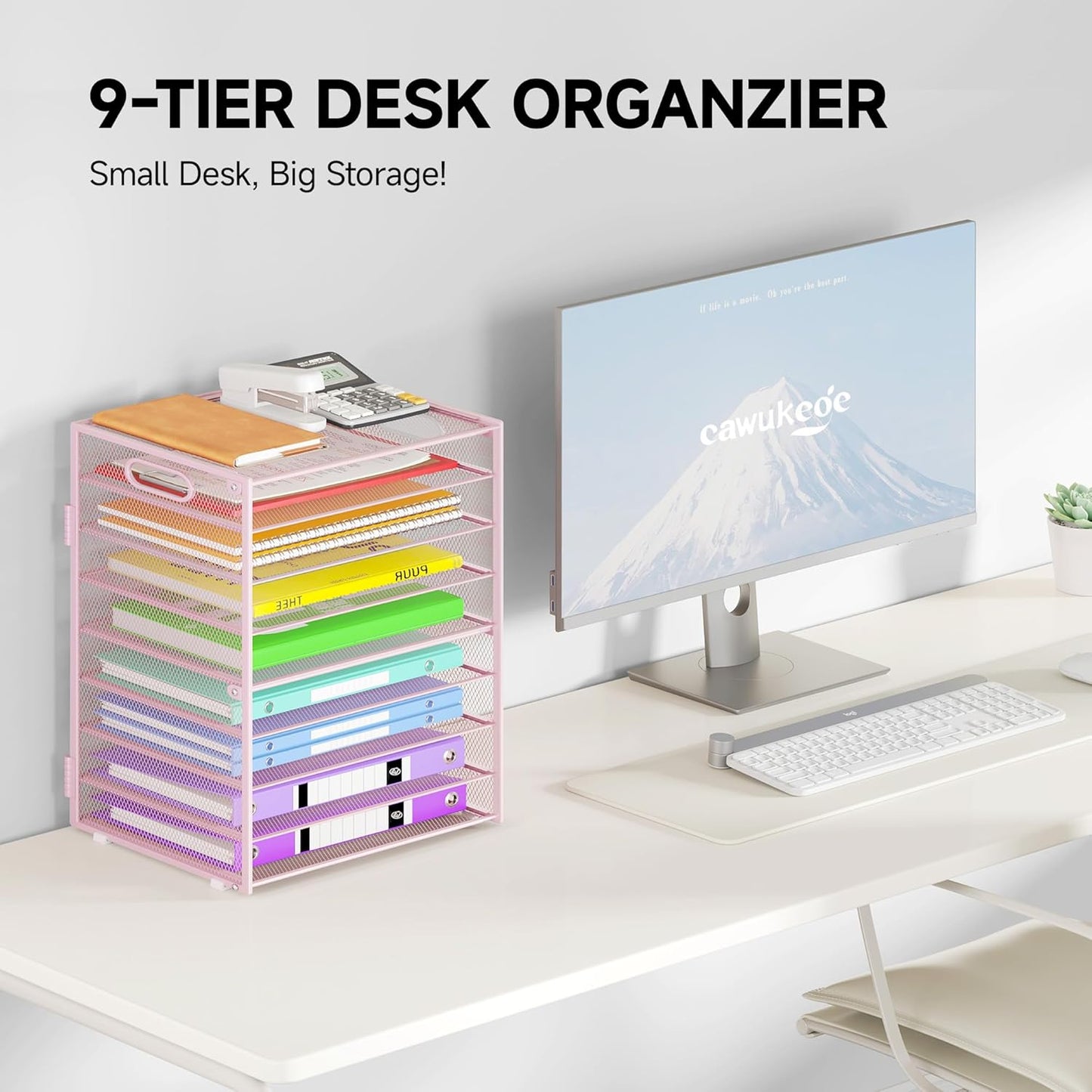 9 Tier Paper Organizer with Handle, Large Capacity Desk Organizer Mesh Paper Letter Tray File Folder Document Sorter for Classroom and Office Accessories Organization- Pink (2 Pack)