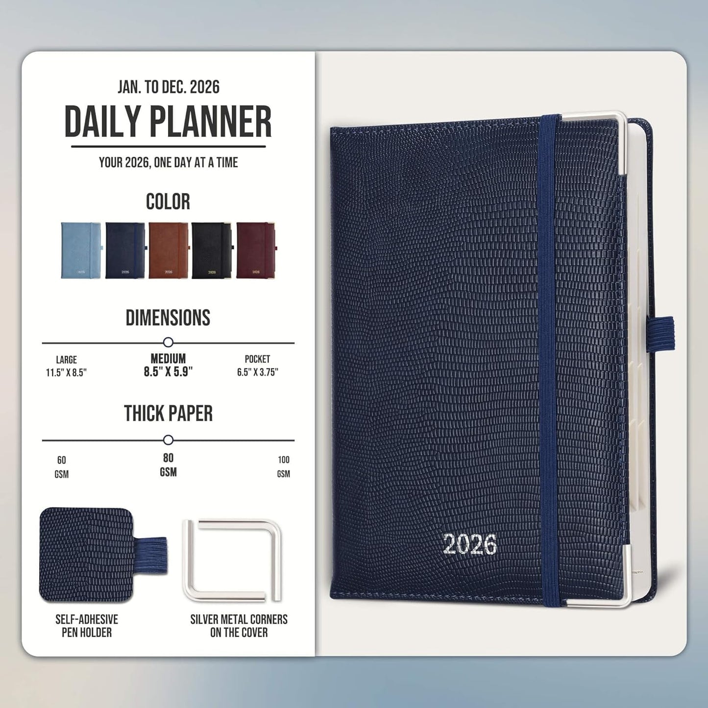 Daily Planner 2026 with One Page Per Day,(A5-8.5" x 5.9"),12 Months Calendar Hourly Appointment Book Monthly Tabs & Self-adhesive Pen Holder,Inner Pocket,Durable Vegan Leather,Dark blue