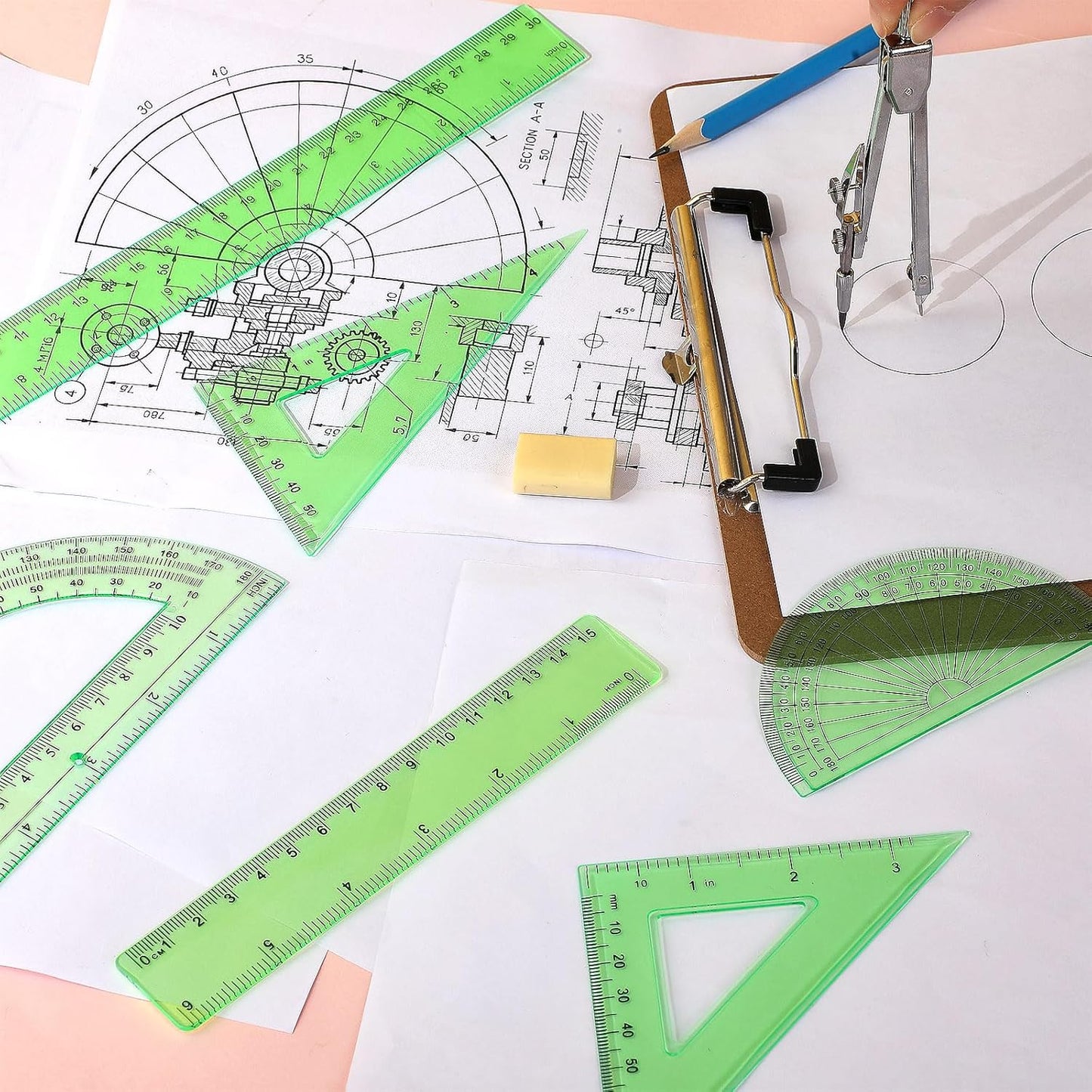 Zonon 1 Set Plastic Geometry Math Set Includes Drawing Compass, 6 Inch 4 Inch Protractor, 45/60 Degree Triangle Rulers 12 Inch 6 Inch Math Ruler Transparent for Office Supplies(Green)