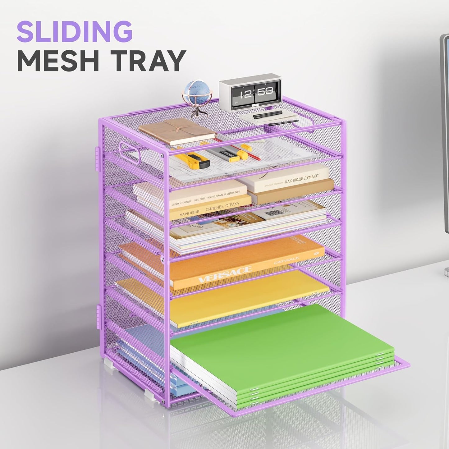 8 Tier Paper Organizer with Handle, Metal Mesh Desk File Organizer, Large Capacity Desk Organizers Paper Letter Tray Desktop Document Sorter for Office, Home or School - Purple