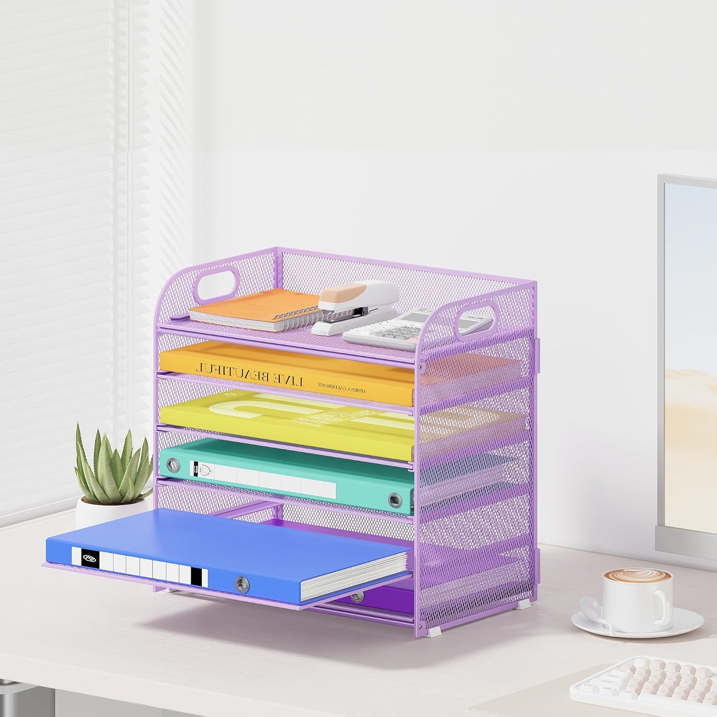 6 Tier Paper Organizer with Handle, Metal Desk Organizer Mesh Paper Letter Tray Desktop File Folder Document Sorter for Classroom, School, Office Accessories Organization and Storage - Purple
