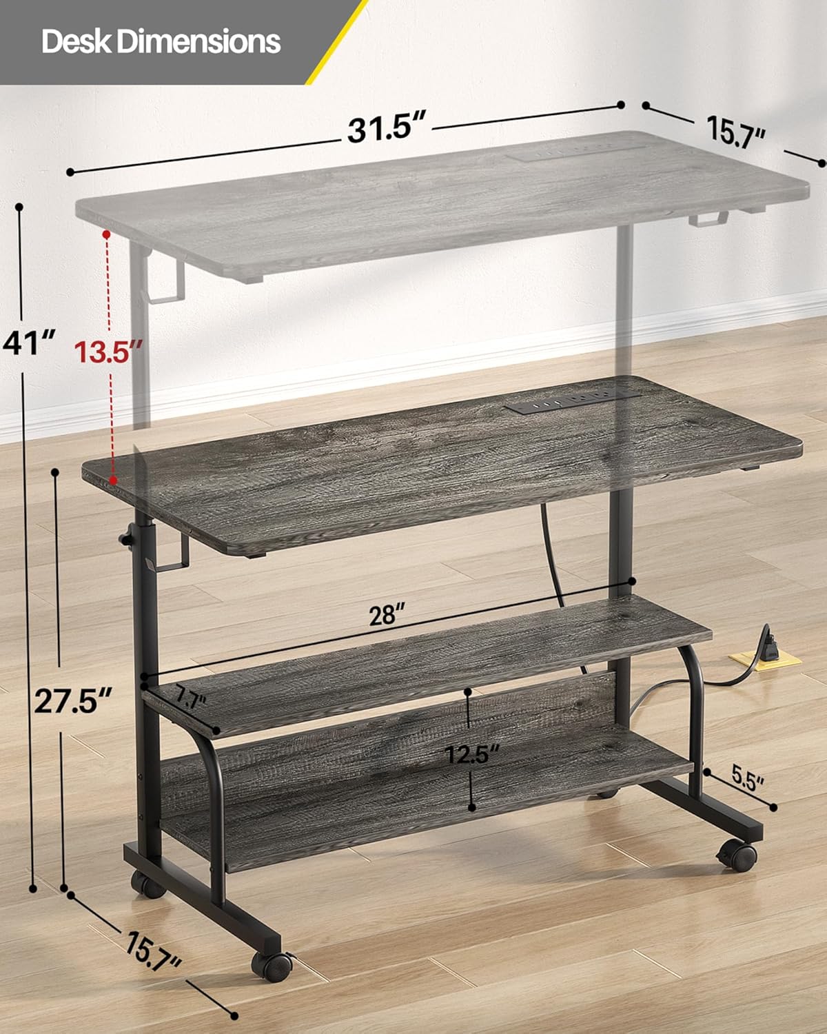 Height Adjustable Standing Desk with Power Outlets, 32" Manual Stand Up Desk with Storage Shelves Small Mobile Rolling Computer Desk Portable Laptop Table with Wheels for Home Office, Grey Oak