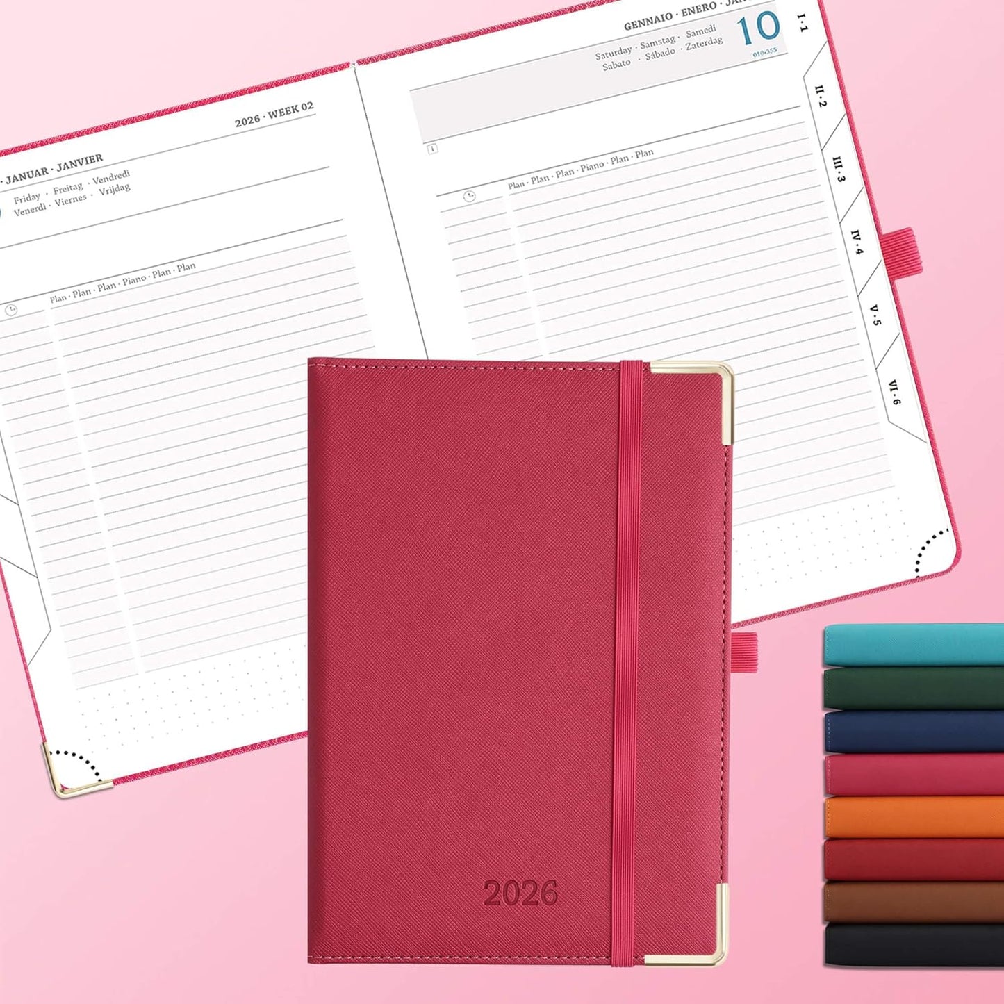 Daily Planner 2026 with One Page Per Day,(A5-8.5" x 5.9"),12 Months Calendar Hourly Appointment Book Monthly Tabs & Self-adhesive Pen Holder,Inner Pocket, Vegan Leather Hardback,Rose Red