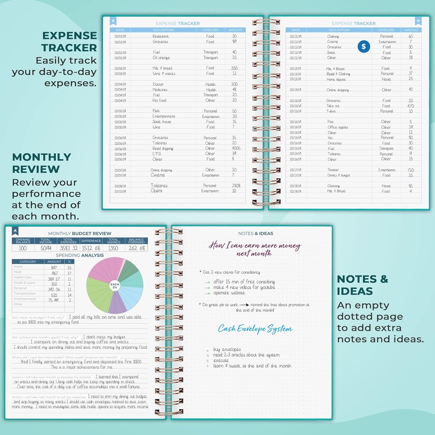 Clever Fox Budget Planner – Coiled Finance Book, Monthly Financial Journal, Budgeting Organizer & Expense Tracker Notebook, 8.5x9.5″ (Turquoise)