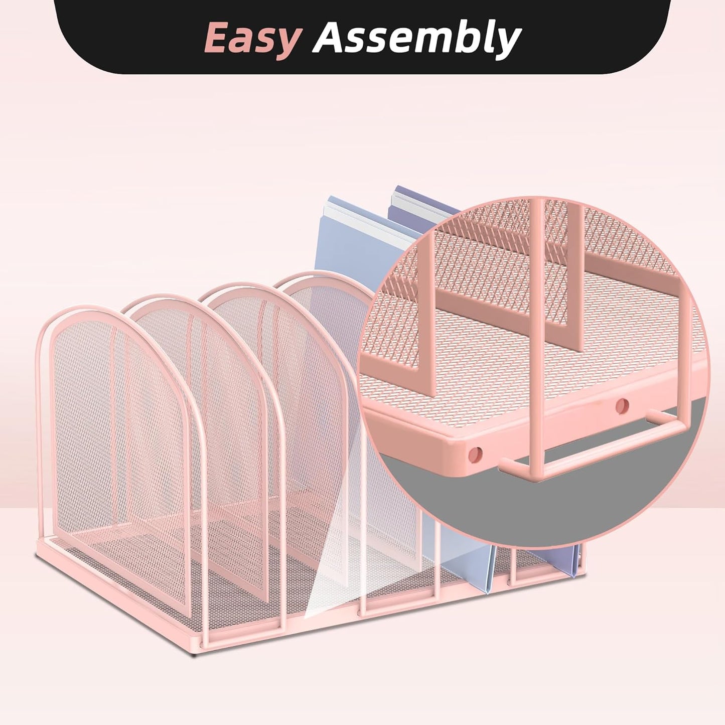SUPEASY File Organizer - 5-Section Mesh Desktop File Sorter, Upright File Folder Holder for Office Supplies, Pink