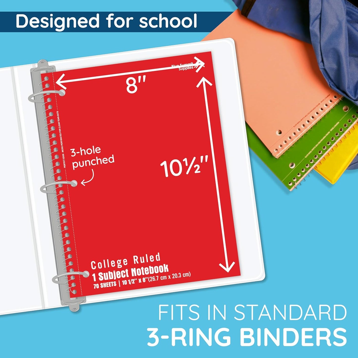 Blue Summit Red Spiral Notebooks Bulk, One Subject Spiral Notebook College Ruled, Perforated Notebook, 8 x 10.5 for Work and School, Paper, College Ruled, Bulk 48 Pack