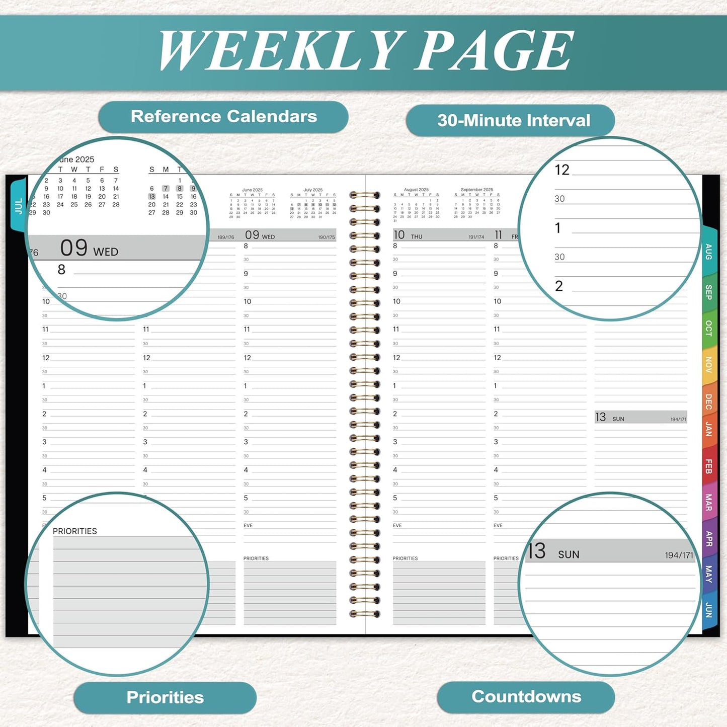2025-2026 Weekly Appointment Book & Planner - July 2025 - June 2026, 2025-2026 Daily Hourly Planner, 9" x 11", Half Hour (30 Mins) Interval, Colorful Monthly Tabs, Lay-Flat, Inner Pocket