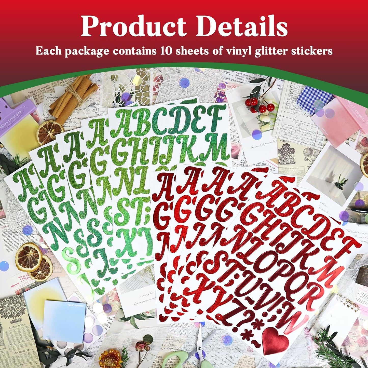 Glitter Letter Stickers,10 Sheets 2 Inches Self-Adhesive Vinyl Letters Alphabet Sticker Decals for Scrapbook,Door,Mailbox,Bulletins Boards - Green,Red