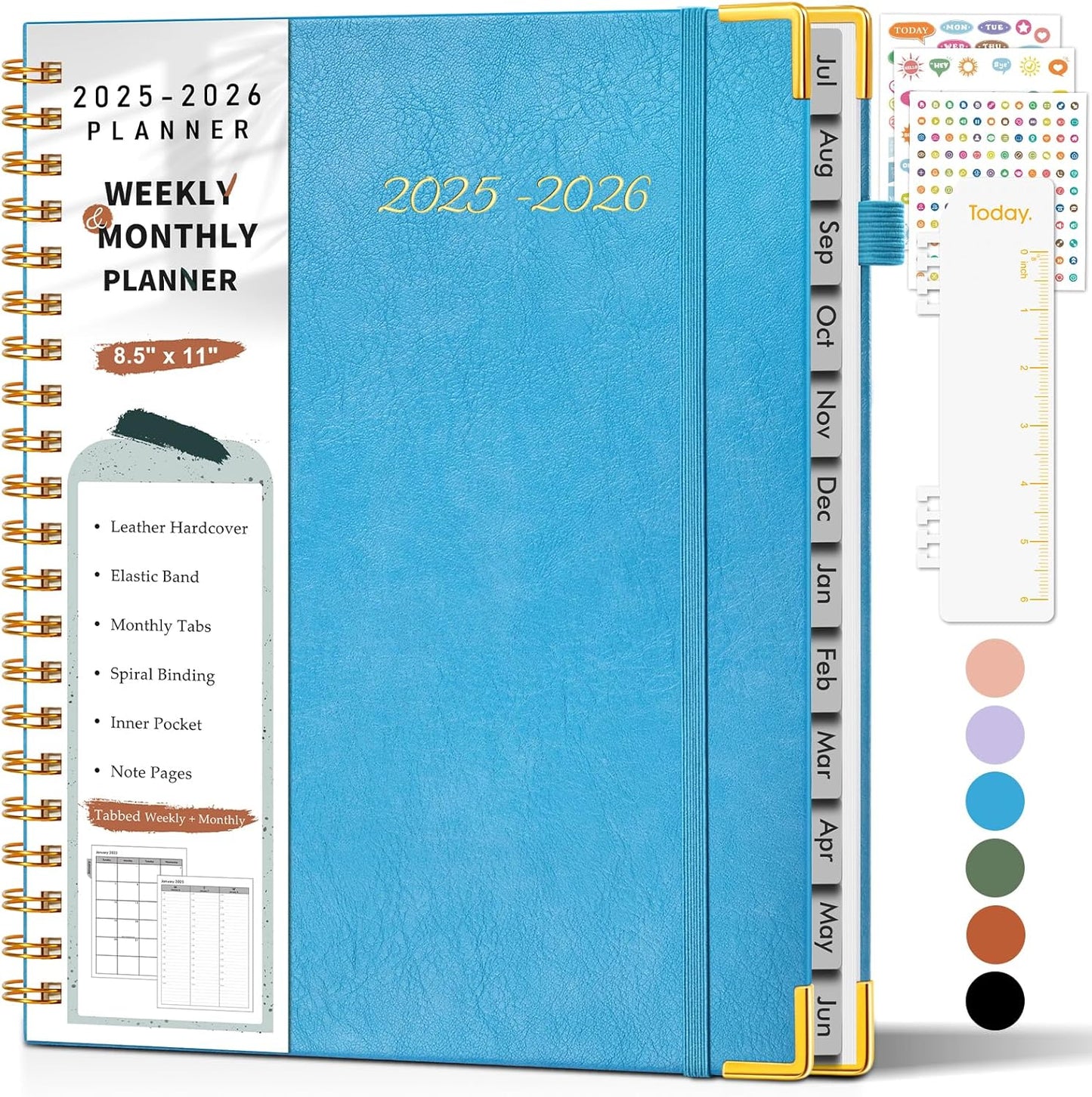 Academic Planner 2025-2026, Weekly and Monthly Calendar Planner from July 2025 - June 2026, 8.5" x 11" Hardcover Leather Hourly Appointment Book with Tabs, Spiral Daily Planners for College School Teacher Student, Sky Blue