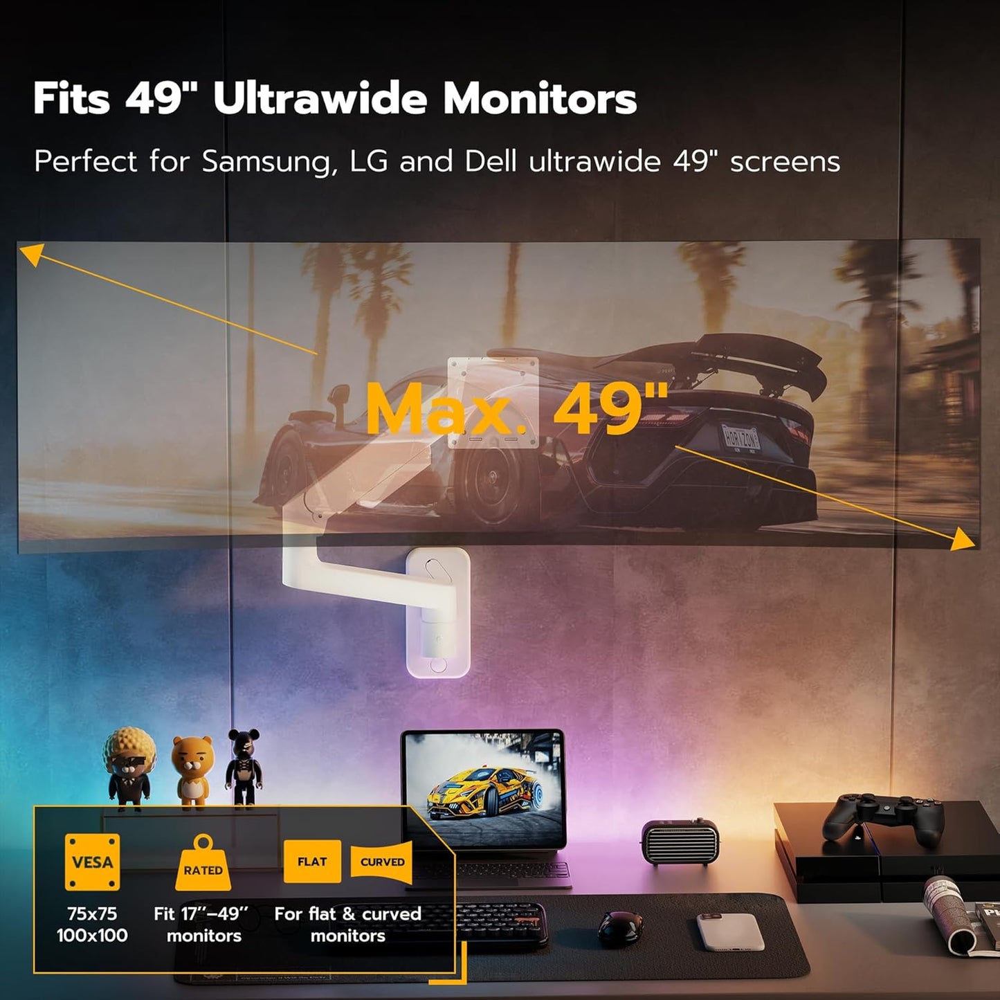 ARES WING Wall Mount Monitor Arm for 17-49 Inch Ultrawide Screens, Heavy Duty Single Monitor Mount Holds 44 lbs, Fully Adjustable Gas Spring Wall Mount, 75x75/100x100 VESA Mount, White