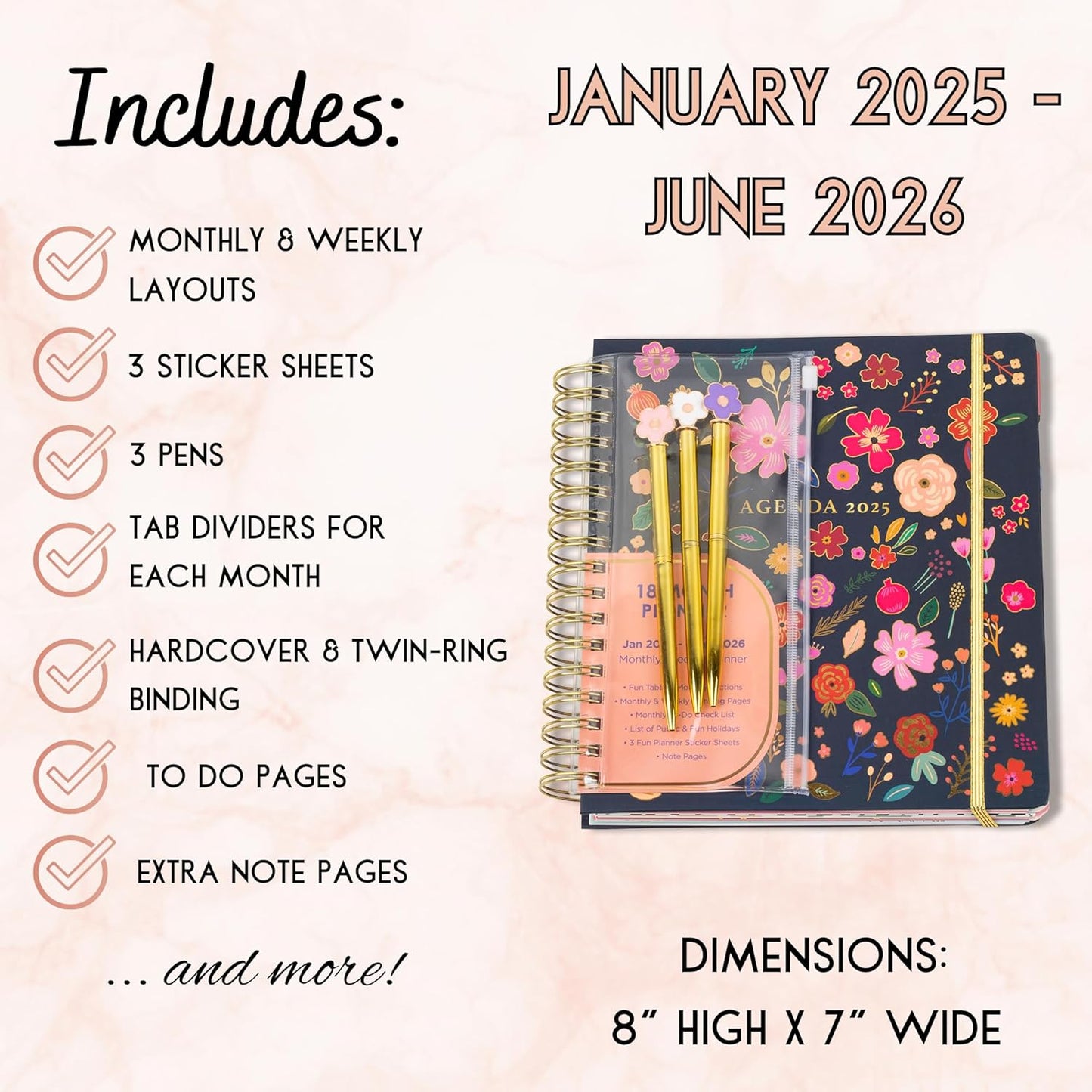 Votum 18-Month Day Large Planner, 2025-2026, Daily, Weekly & Monthly, January 2025 - June 2026, Blue Flowers - Appointment Book with 3 Sticker Sheets, Twin-Ring Binding, Notes Pages - School & Work