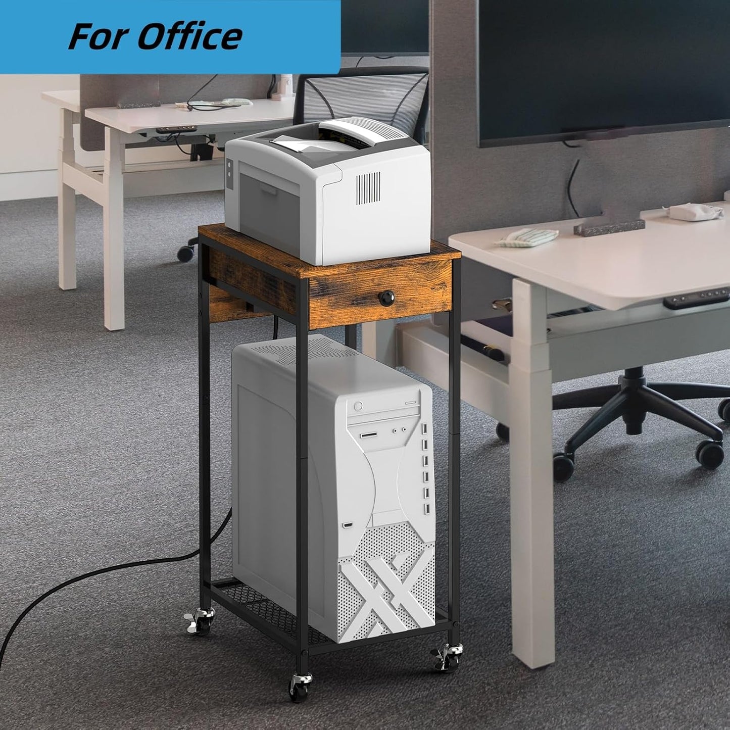 2 Tier Computer Tower Stand, Adjustable Printer Stand with Charge Station and USB Charging Port, PC Tower Stand CPU Holder Cart with Wheels for Home Office Fax, Brown