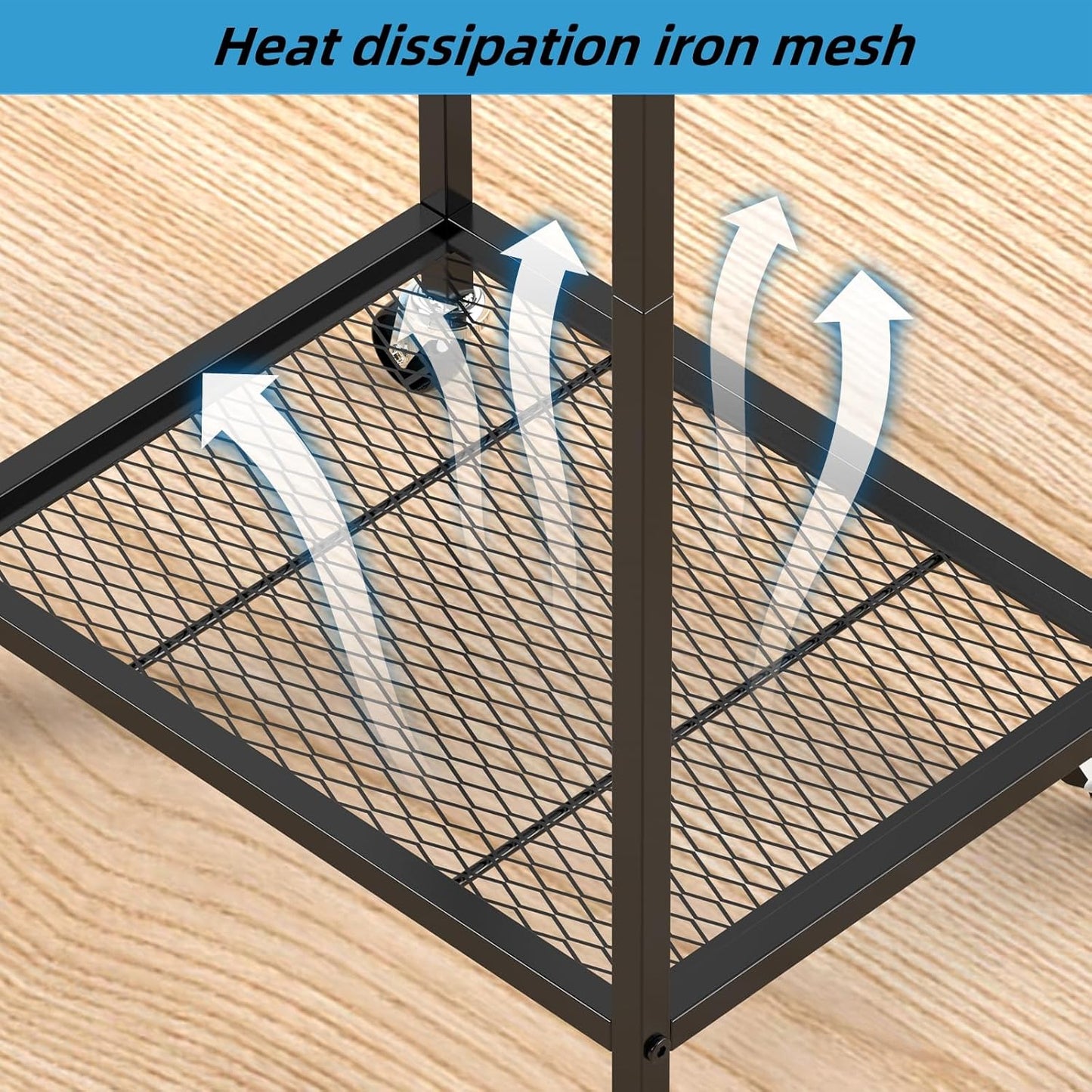 2 Tier Computer Tower Stand with Drawer, CPU Holder Stand with Charge Station and USB Charging Port, Printer Cart with Wheels for Home Office Fax, Black