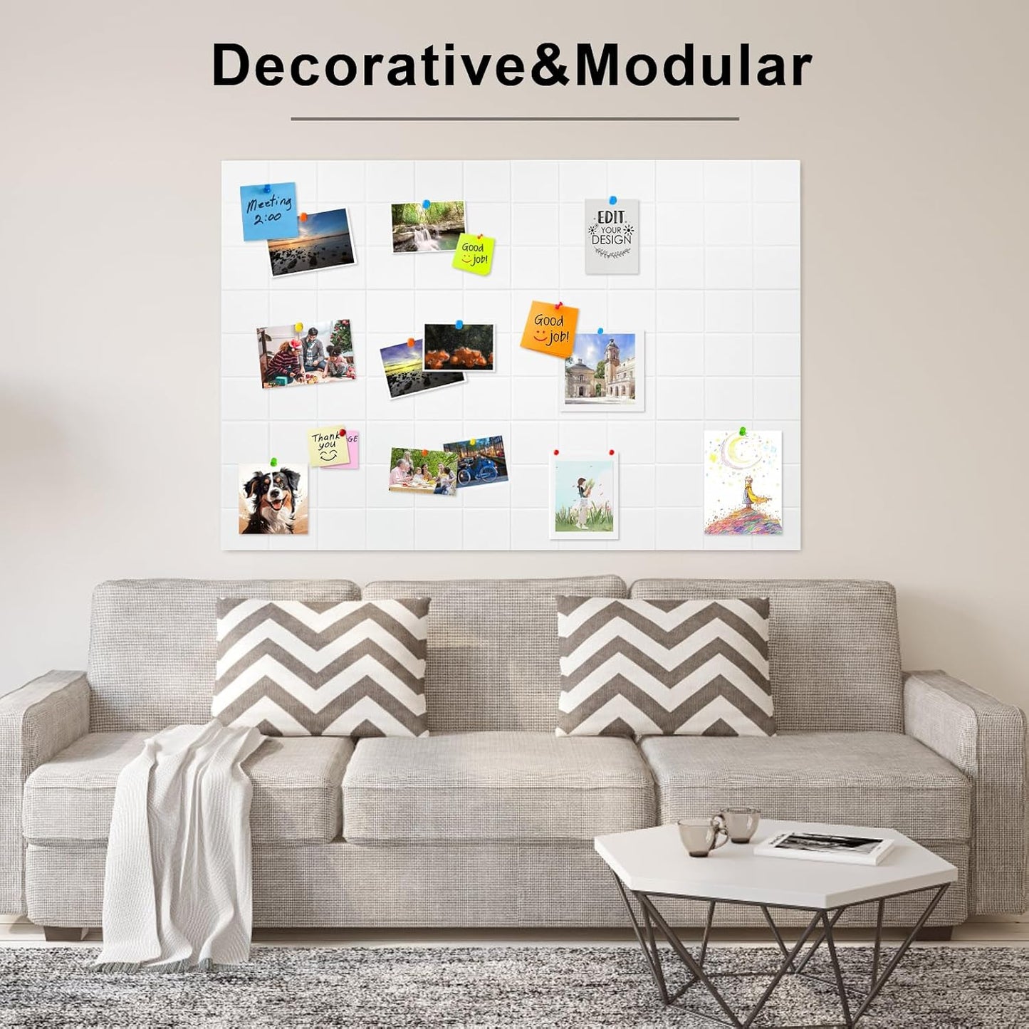 12 Pack Large Cork Board for Walls, 48" X 36" Felt Bulletin Board Tiles with 48 Safe Removable Adhesive Tabs & 60 Push Pin Board Decorative Cork Board Tack Board Wall Organizer for Office - White