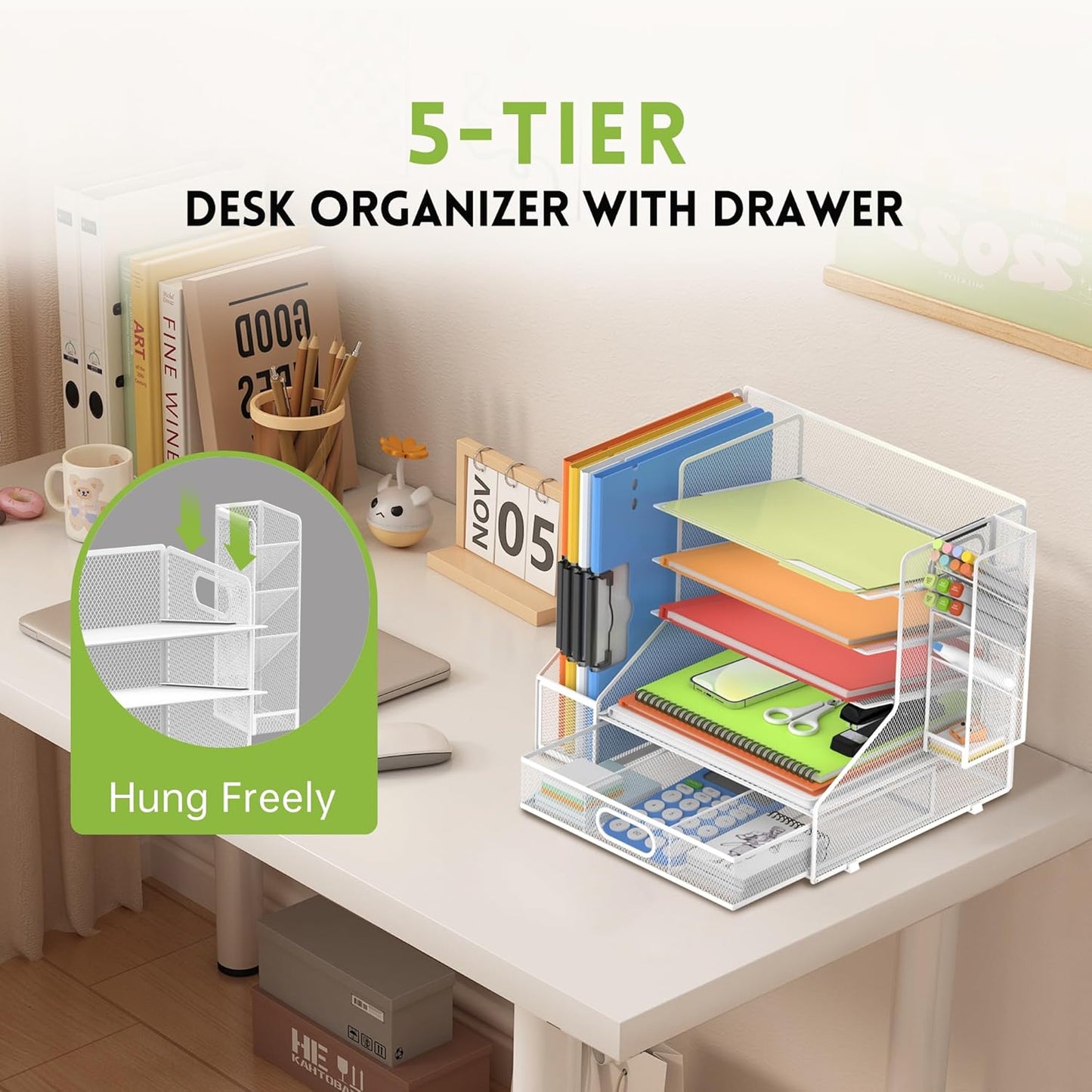 DALTACK Mesh Desk Organizer, 5-Tier Paper Letter Tray with File Holder & Pen Holder & Sliding Drawer, Desktop Organizer and Storage for Desk Accessories Office Supplies, White