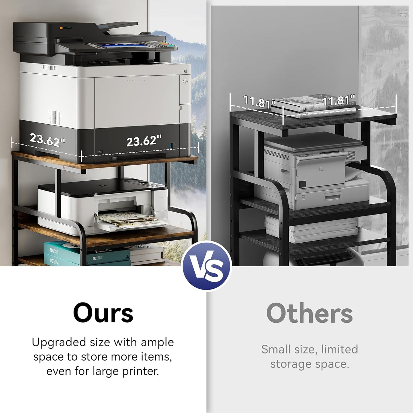 Extra Tall & Large Printer Stand, 24" x 24"x 46'' Height 4 Tier Metal Printer Table for Home Office, Printer Stand with Adjustable Storage Shelf, Rolling Cart for 3D Laser Printer (Black)