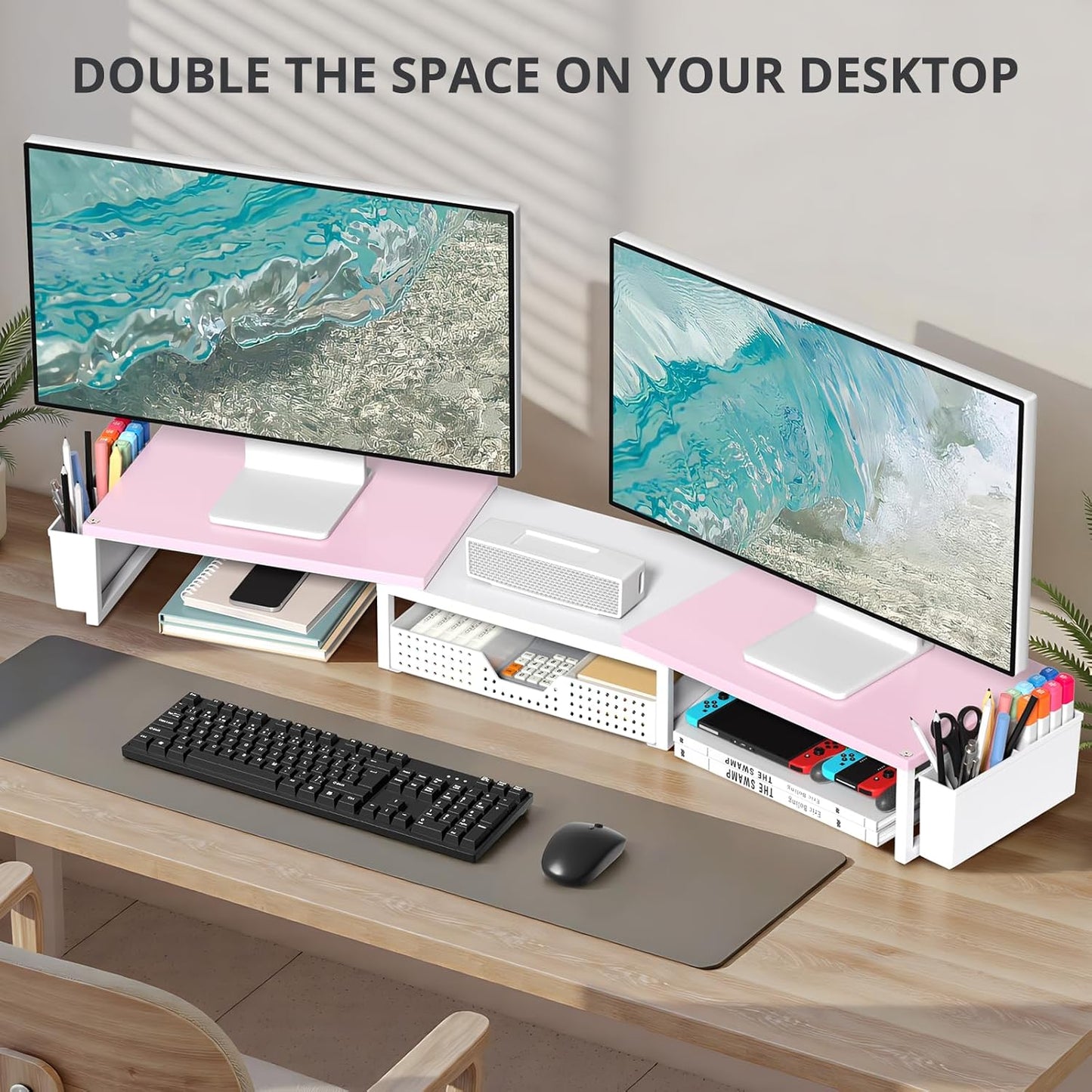 Desk Dual Monitor Stand Riser - Desk Organizer with Drawer and Pen Holders, Office Desk Accessories & Workspace Organization, Computer Monitor Stand for Laptop, Printer(Pink＆ White)