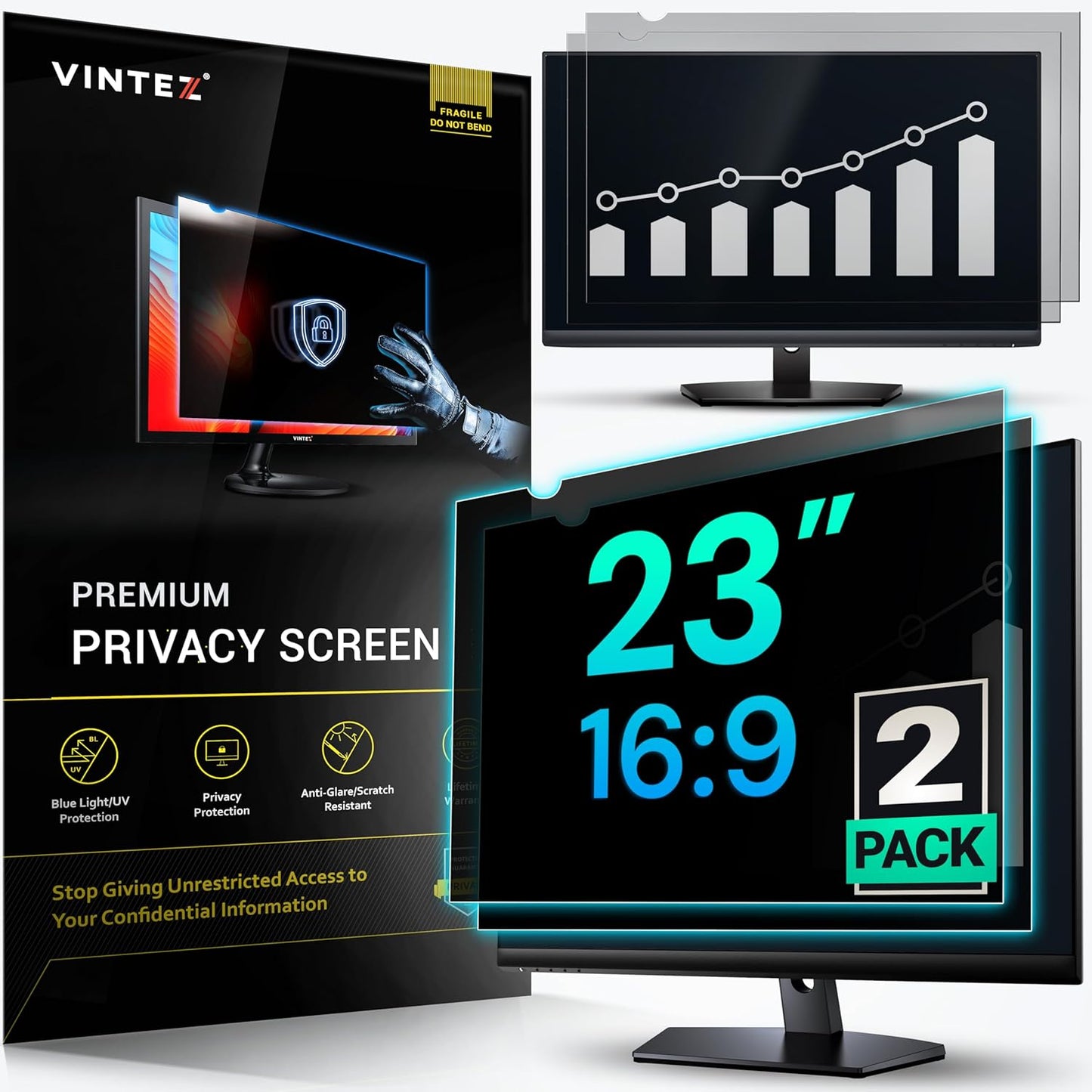 VINTEZ [2 Pack] 23 Inch 16:9 Privacy Screen for Computer Monitor and Laptop - Anti Glare Protector Film Blue Light Filter Eye Protection - Computer Screen Privacy Shield