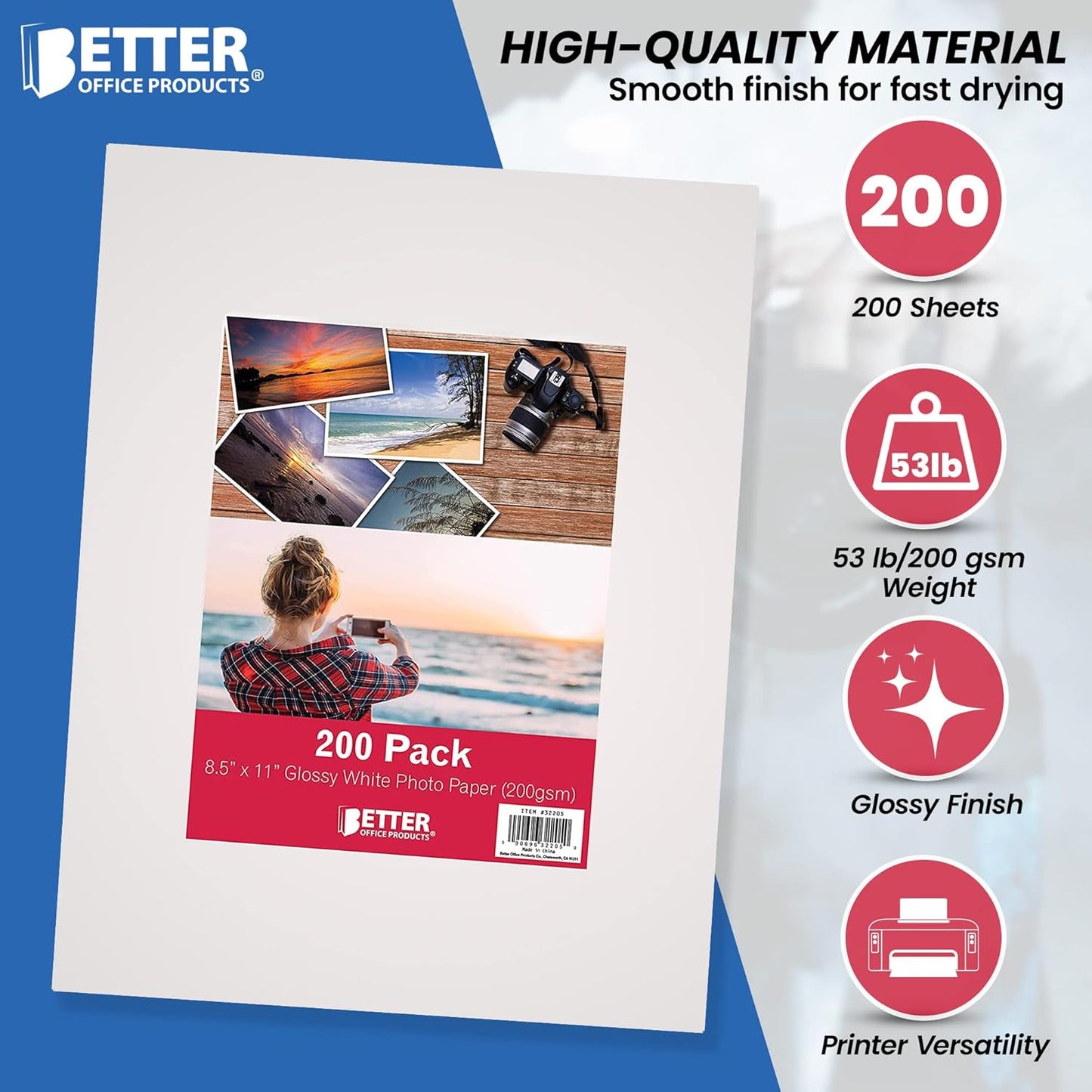 Glossy Photo Paper, 8.5 x 11 Inch, 200 Sheets, by Better Office Products, 200 gsm, Letter Size, 200-Count Pack