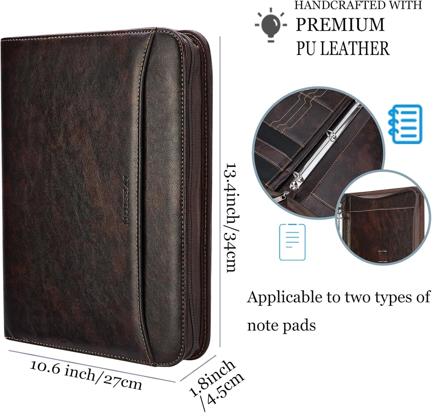 IVESIGN Zippered Padfolio Binder, Faux Leather Organizer with 3-Ring Binder, Left-Handed Design, Business Card Slots & Document Folders - Professional Padfolio for Office (Dark Brown)