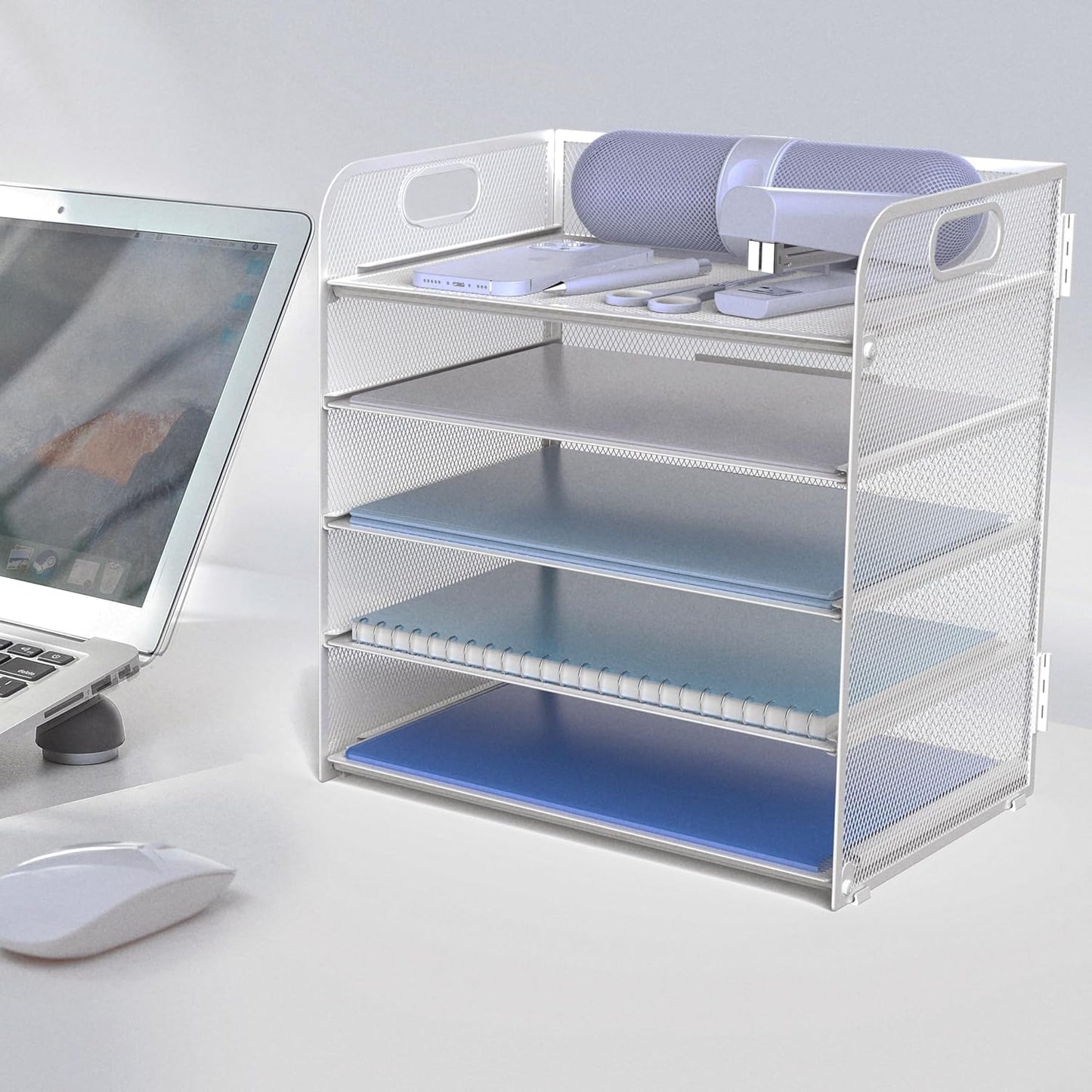 Letter Tray Paper Organizer 5-Tier Desk Organizer File Organizer Paper Holder with Handle, Metal Desktop Document Shelf Tray Office Classroom Organization - Silver