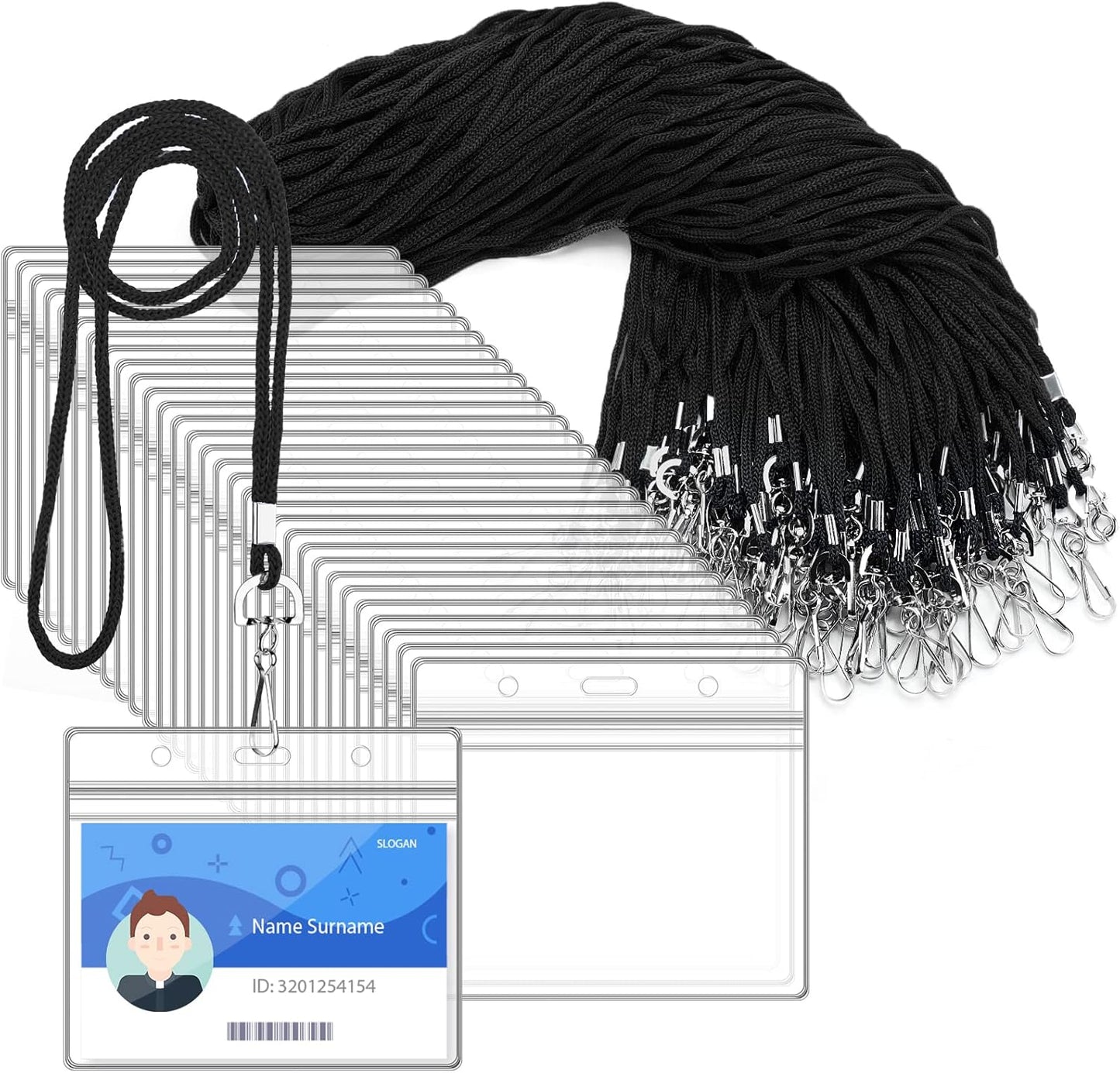100Pcs Clear Plastic Horizontal Name Tag Badge ID Card Holders and 100Pcs Black Neck Lanyards with Swivel Hook for School, Office, Business