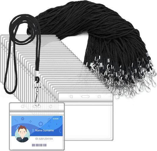 100Pcs Clear Plastic Horizontal Name Tag Badge ID Card Holders and 100Pcs Black Neck Lanyards with Swivel Hook for School, Office, Business