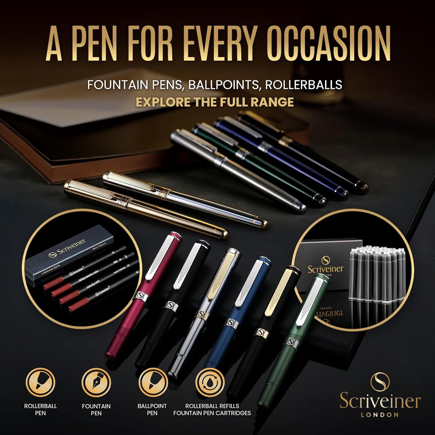 Scriveiner Personalized Gold Ballpoint Pen - Stunning Luxury Pen, Real Gold Plating, Schmidt Ink Refill, Best Engraved Ball Point Gift Set for Men & Women, Custom Name Engraving
