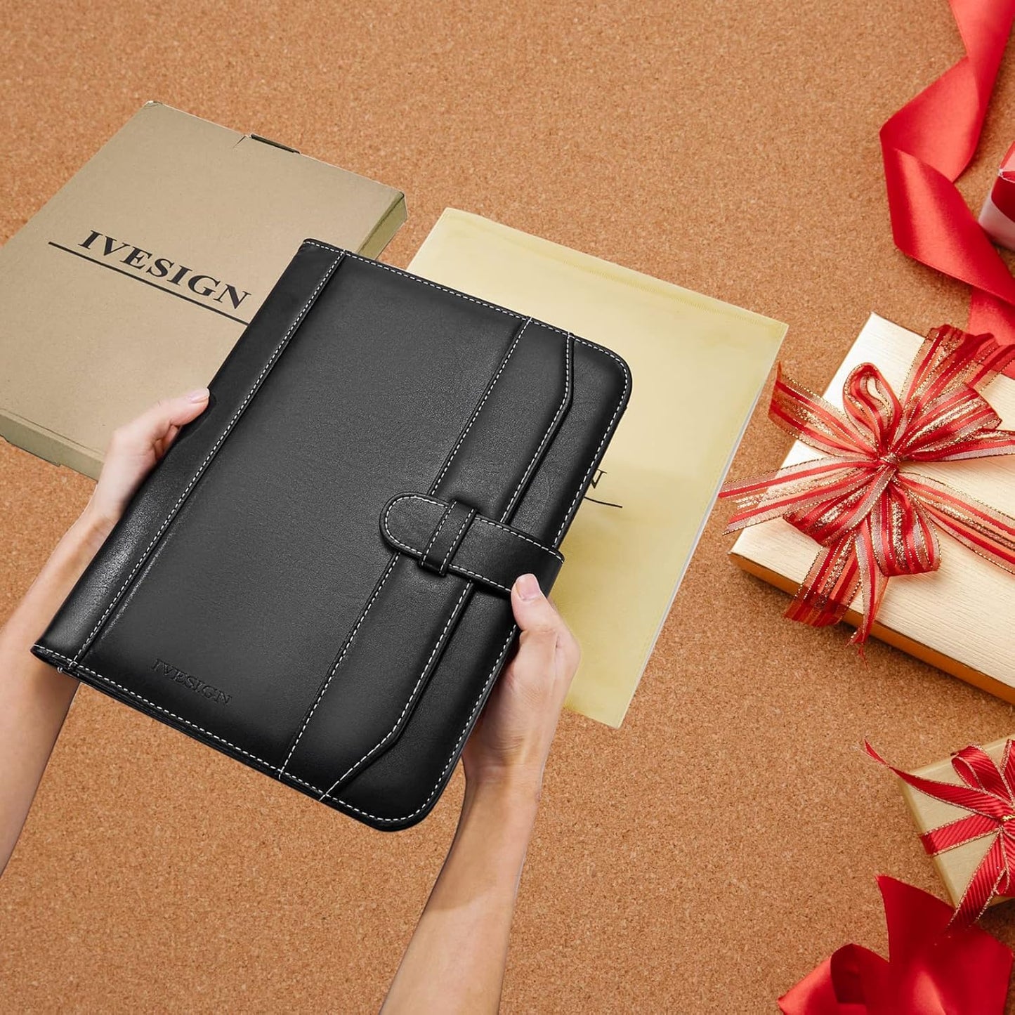IVESIGN Leather Portfolio Notebook with Folder，Storage Clipboard with Cover for Legal Pad Holder Letter Size A4 Writing Pad for Business School Office Resume Conference Notepad Clip Boards(Black)