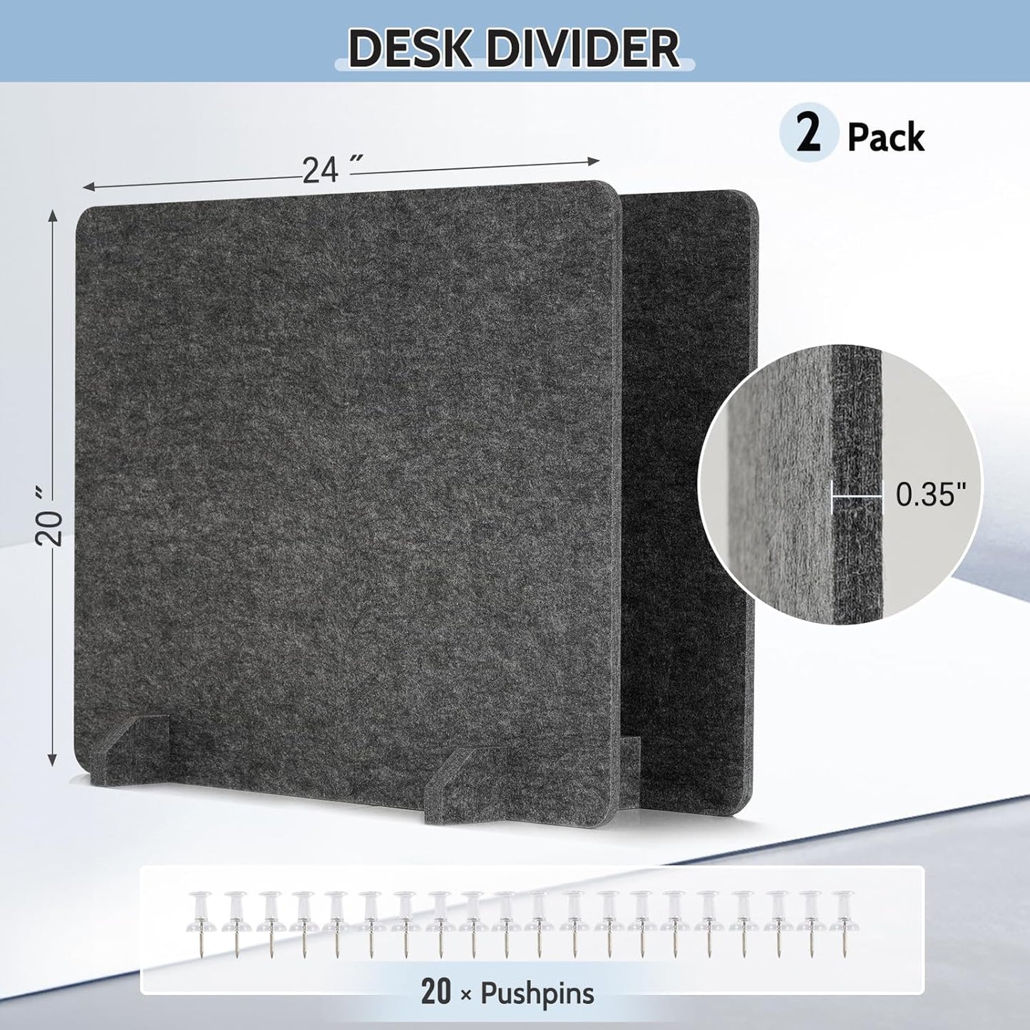 2 Pack Acoustic Desk Dividers - 24" x 20" Freestanding Privacy Panels Set with Noise - Reducing Design Cubicle Sound Proof, Ideal for Office, Classroom, and Home (Dark Gray)