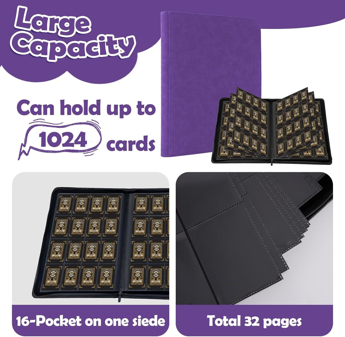 1000+ Pockets Trading Card Binder, 16 Pockets Trading Card Binder Ringless Side Loading Trading Card Album Folder for TCG,MTG,Sports Cards(Purple)
