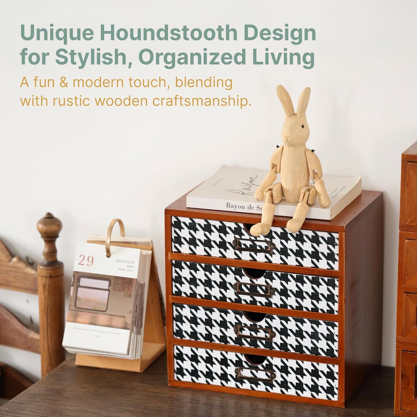 Houndstooth Pattern Wooden Desk Organizer - 4-Drawer Desktop Storage - Modern & Rustic Wood Cabinet for Office Supplies, Craft Tools, & Home Organization - Elegant Drawer Unit