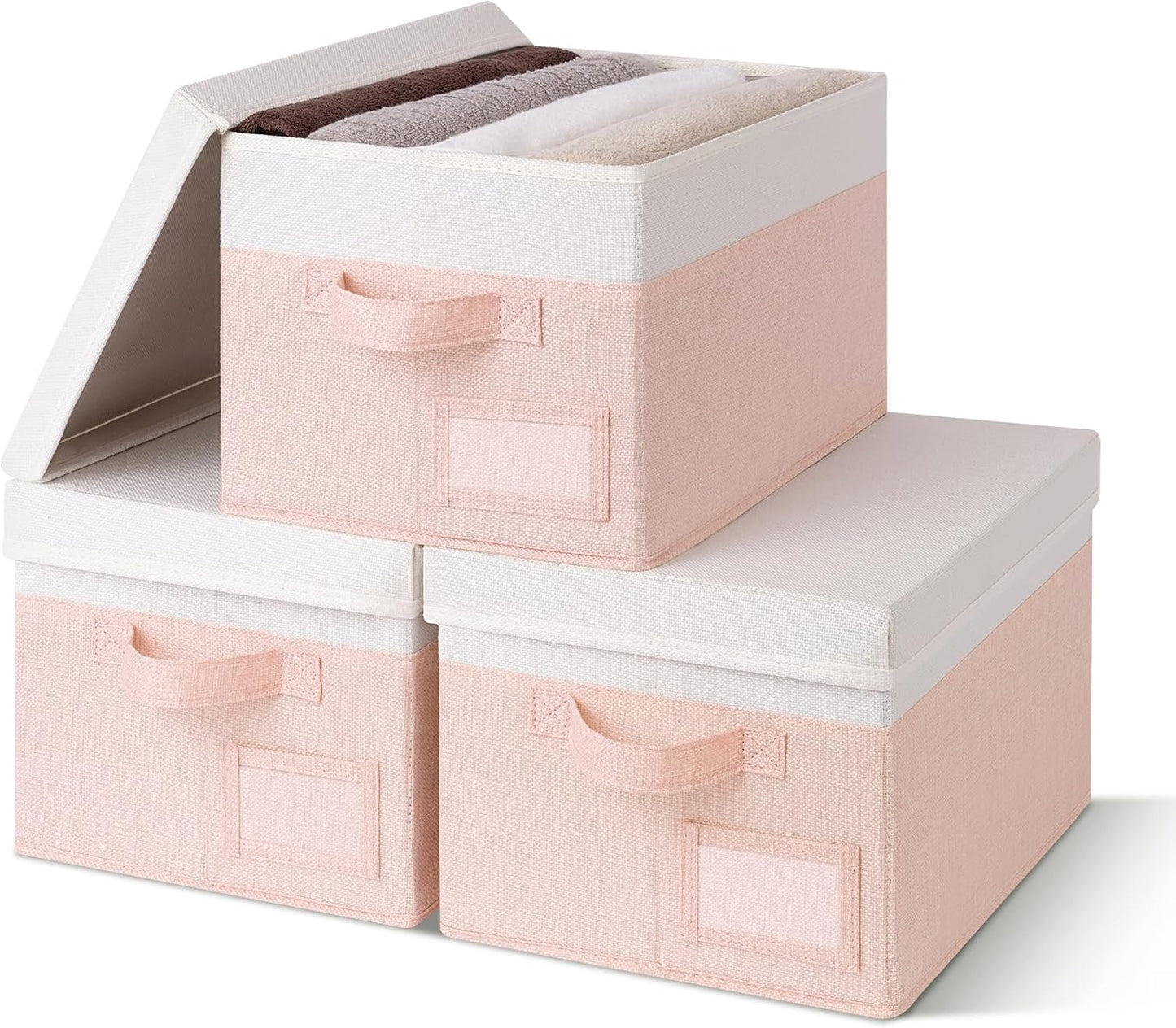 GRANNY SAYS Storage Bins with Lids, Storage Boxes for Organizing, Storage Baskets with Handles, Closet Organizers and Storage, Storage Bins for Shelves, Decorative Storage Boxes, 3-Pack, Pink&Ivory