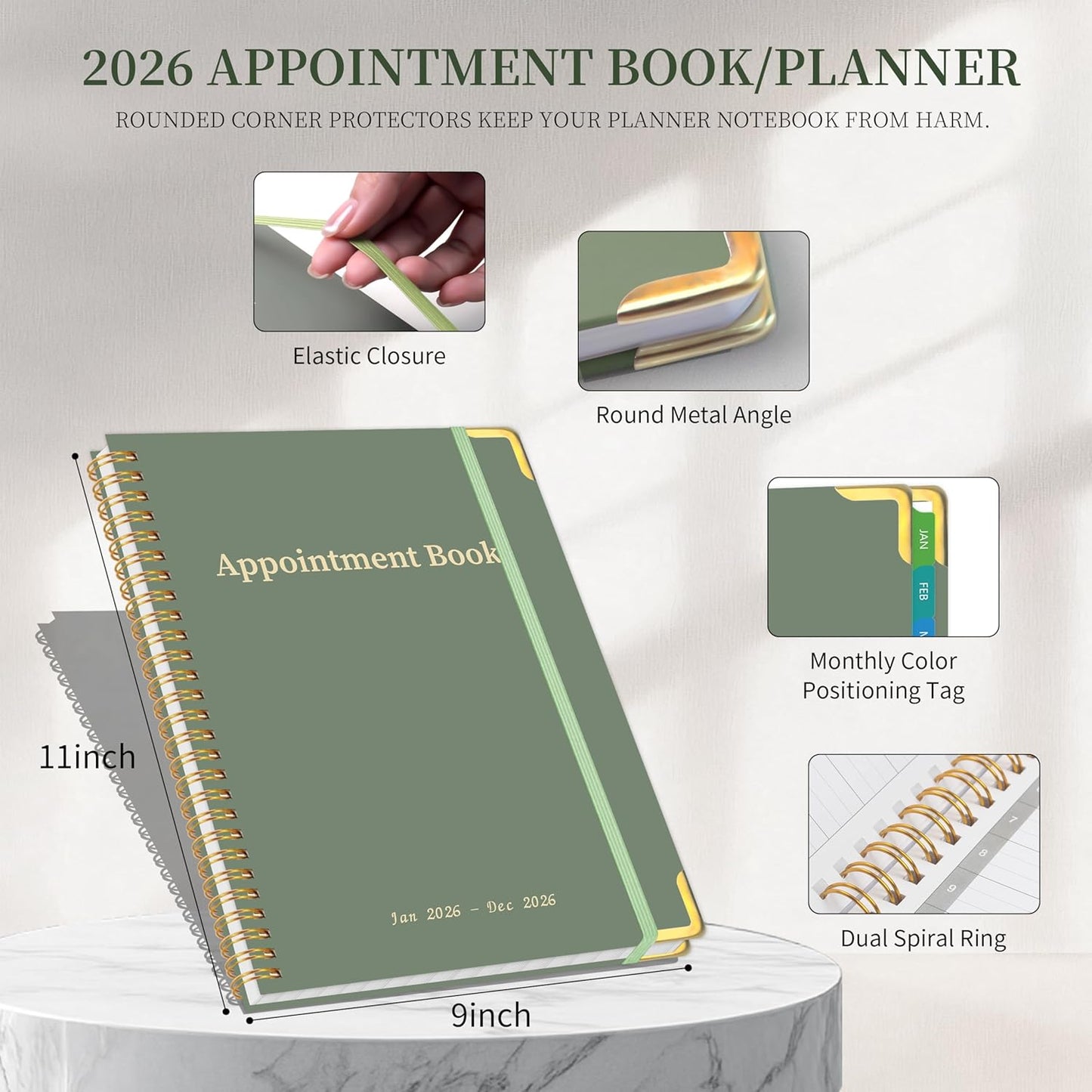 2026 Appointment Book/Planner - 2026 Daily Hourly Planner from Jan. 2026 - Dec. 2026, Weekly appointment Book 2026, 2026 Hourly planner with 20-Minute Interval, 9" x 11", Twin-Wire Binding, Colorful Tabs, Pocket - Green