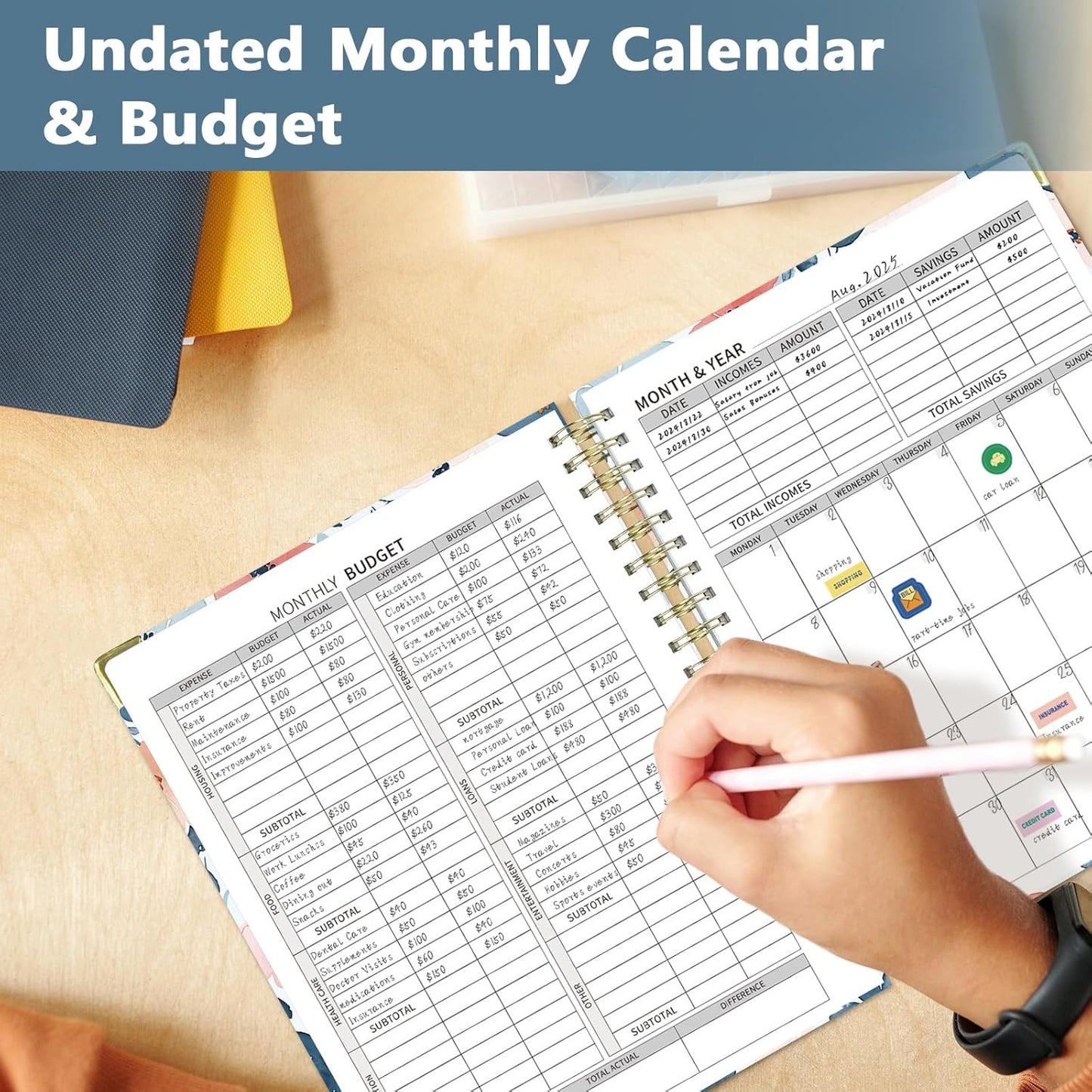 Ospelelf Undated Budget Planner with Clipboard Large Weekly Monthly Account Planners with Stickers 12 Months Productivity Aesthetic Journey Blue Floral